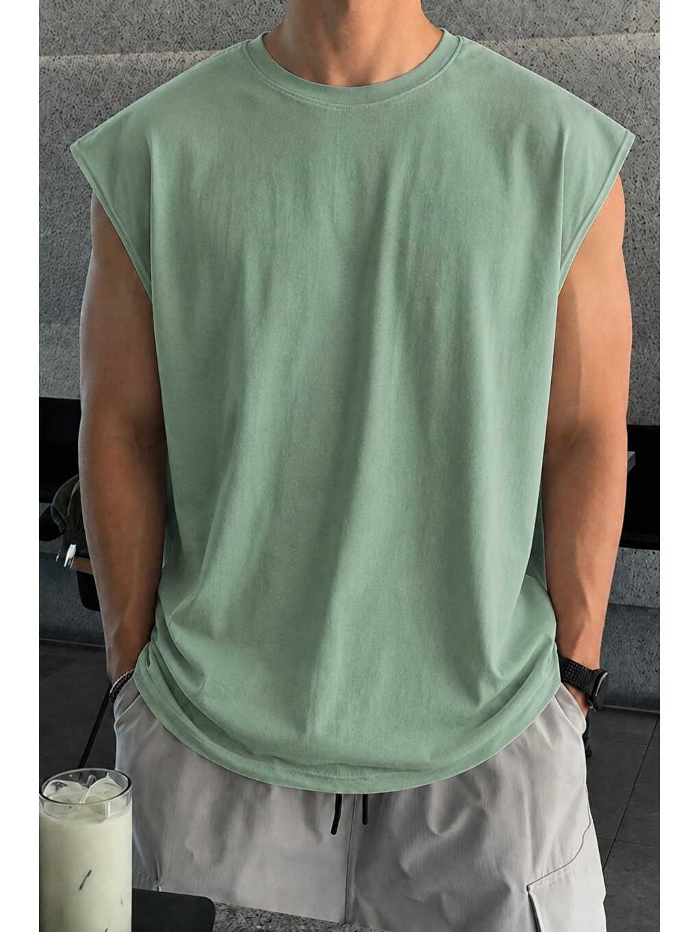 Yeşil Erkek Oversize Kolsuz Tişört %100 Pamuk Süprem Basic Bisiklet Yaka