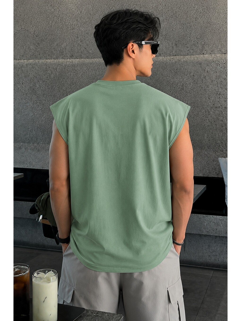 Yeşil Erkek Oversize Kolsuz Tişört %100 Pamuk Süprem Basic Bisiklet Yaka-2