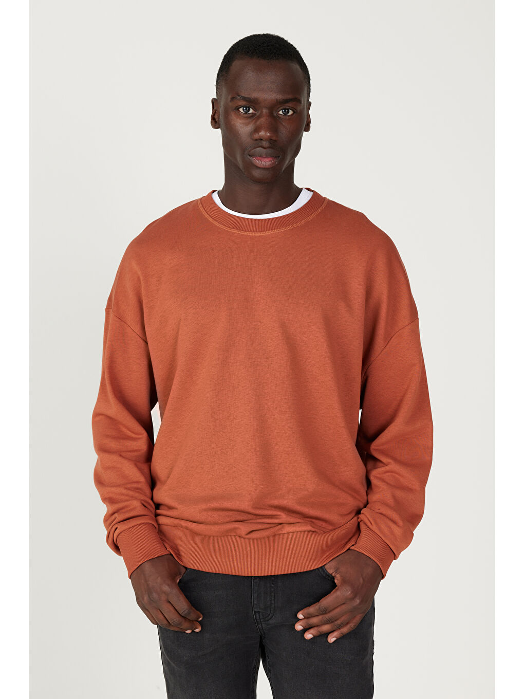 Kahverengi Erkek Açık Kahve Oversize Bol Kesim 3 İplik Bisiklet Yaka Pamuklu Sweatshirt-2