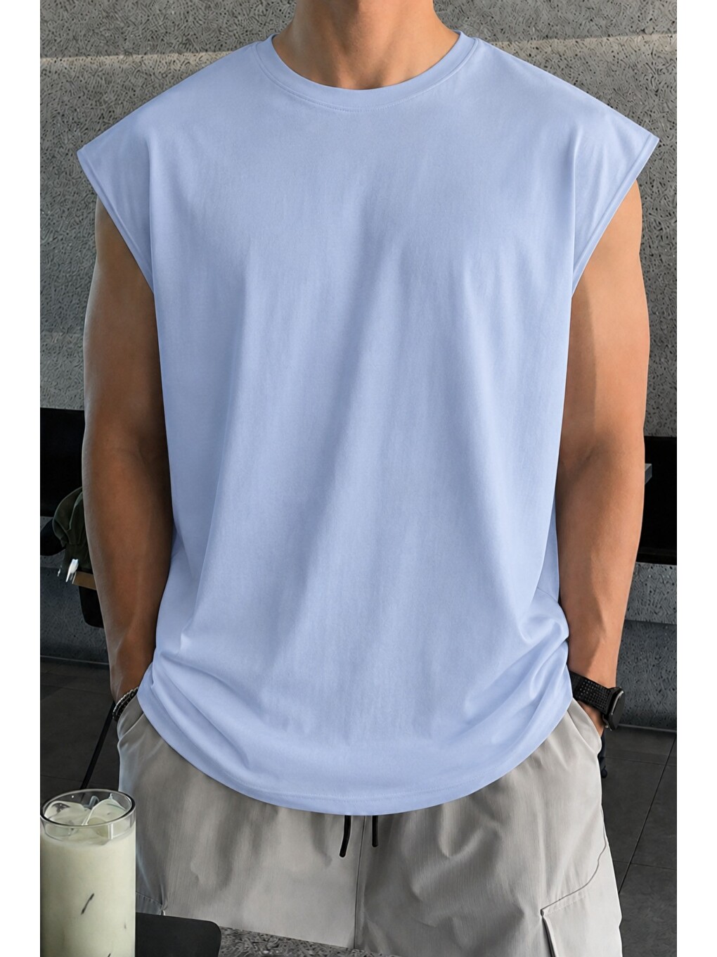 Mavi Erkek Oversize Kolsuz Tişört %100 Pamuk Süprem Basic Bisiklet Yaka