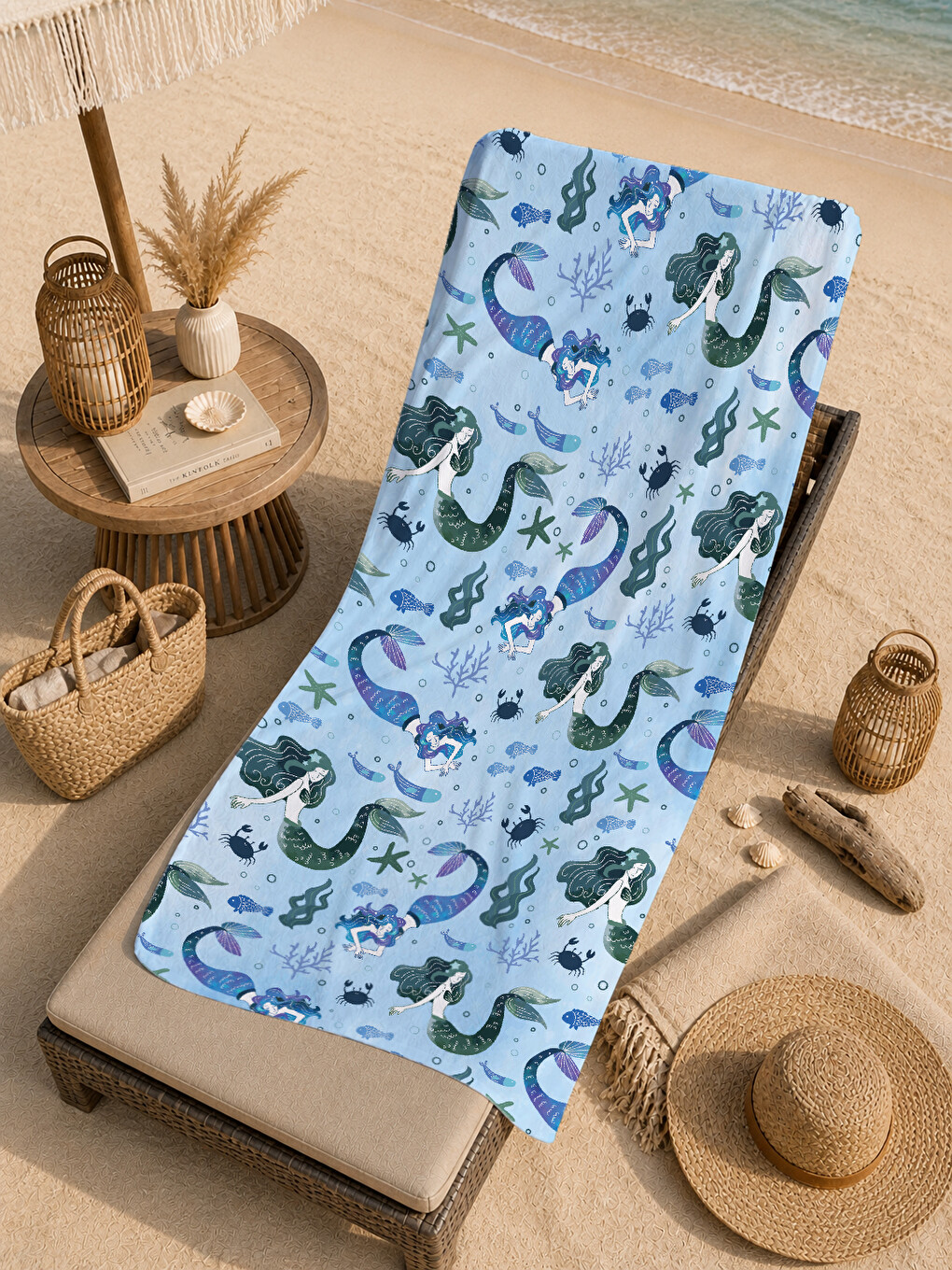 Mavi Denizatı Ve Deniz Canlıları Desenli 70x150 Cm Dijital Baskılı Plaj Ve Banyo Havlusu-4