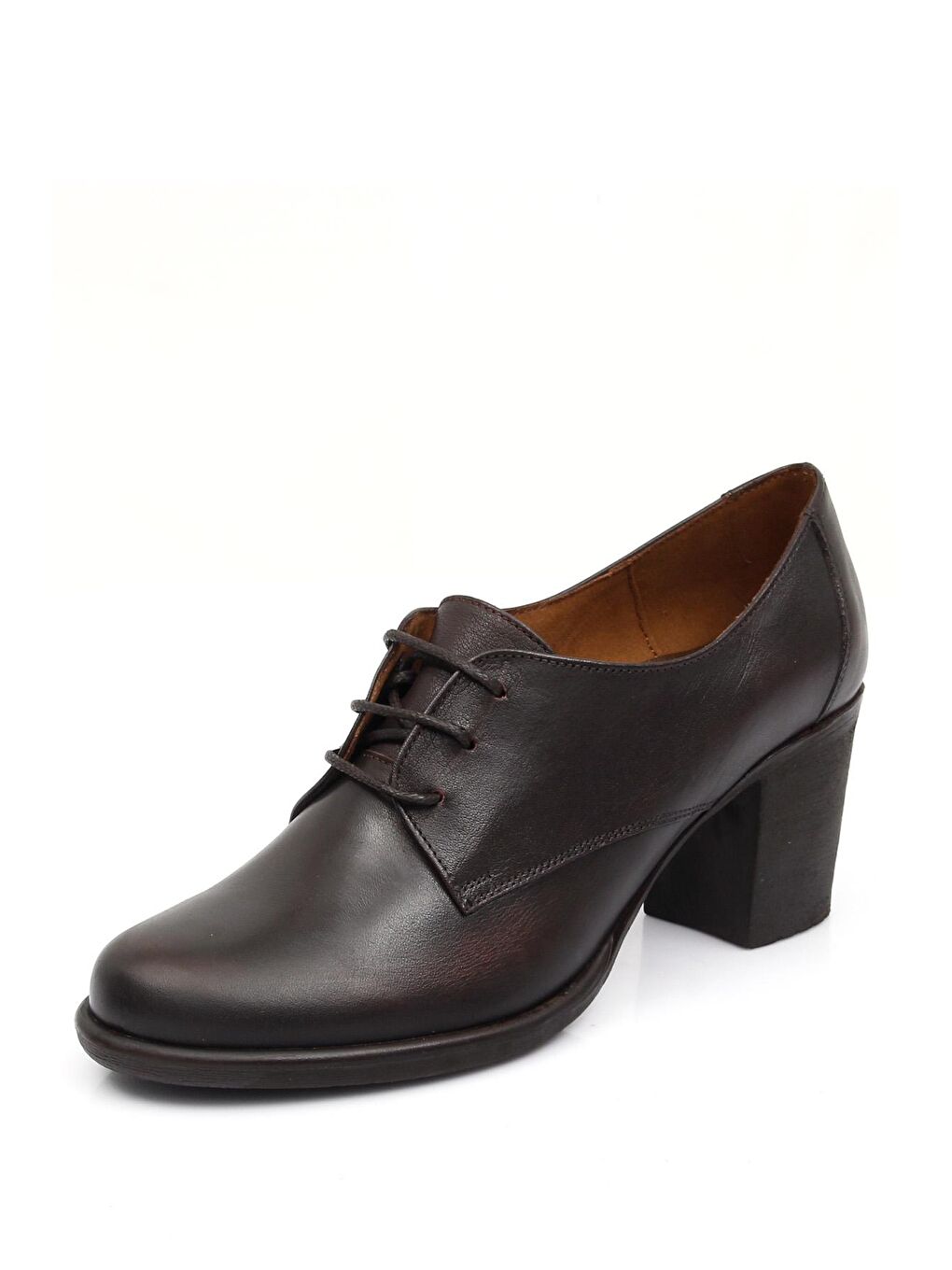 Kahverengi KAHVERENGİ  Hakiki Deri Yuvarlak Burun Orta Topuklu Kauçuk Taban Bağcıklı Kadın Ayakkabı 24135-7