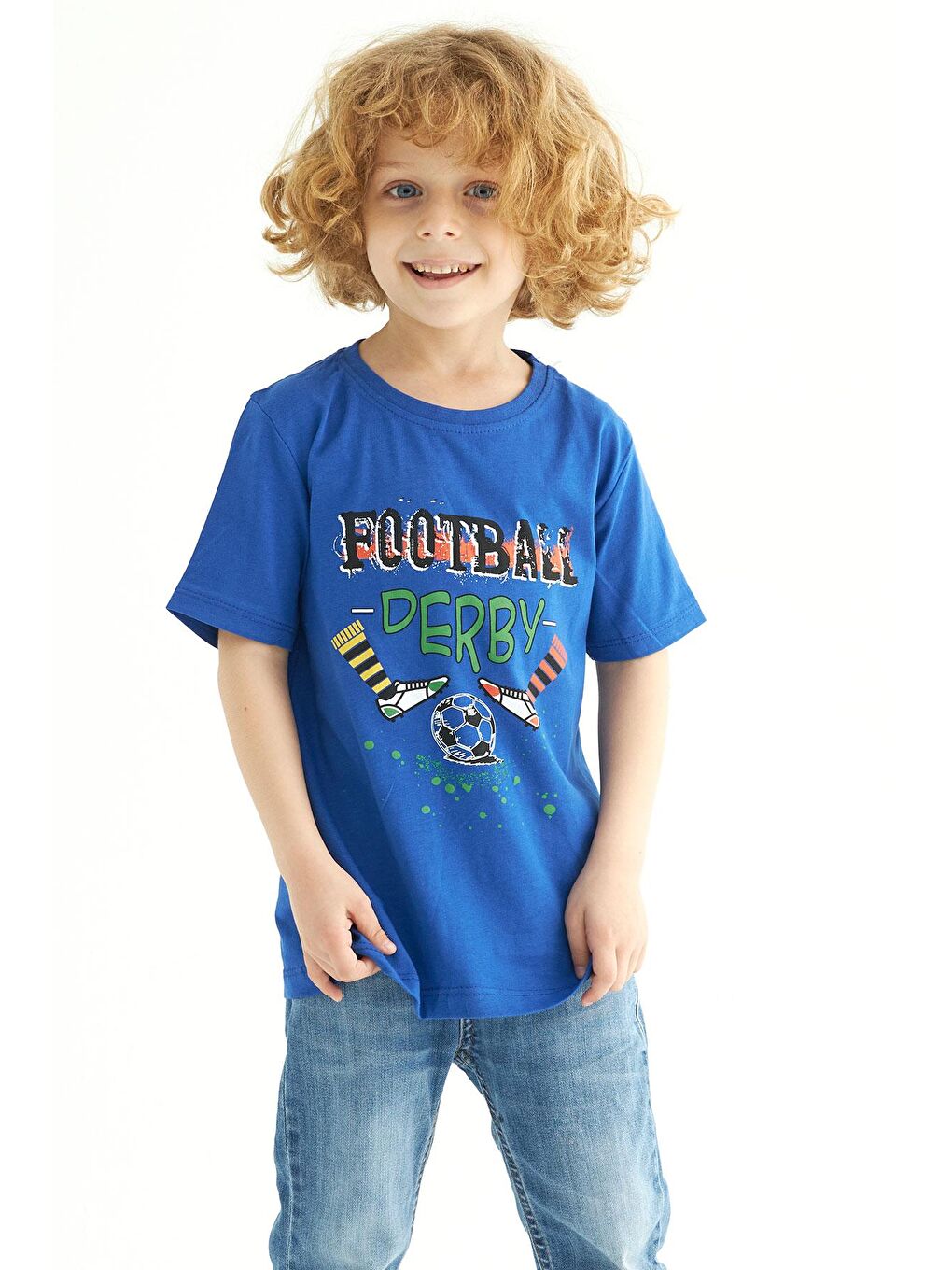 Mavi Bisiklet Yaka Kısa Kollu Futboll Baskılı Erkek Çocuk Tişört