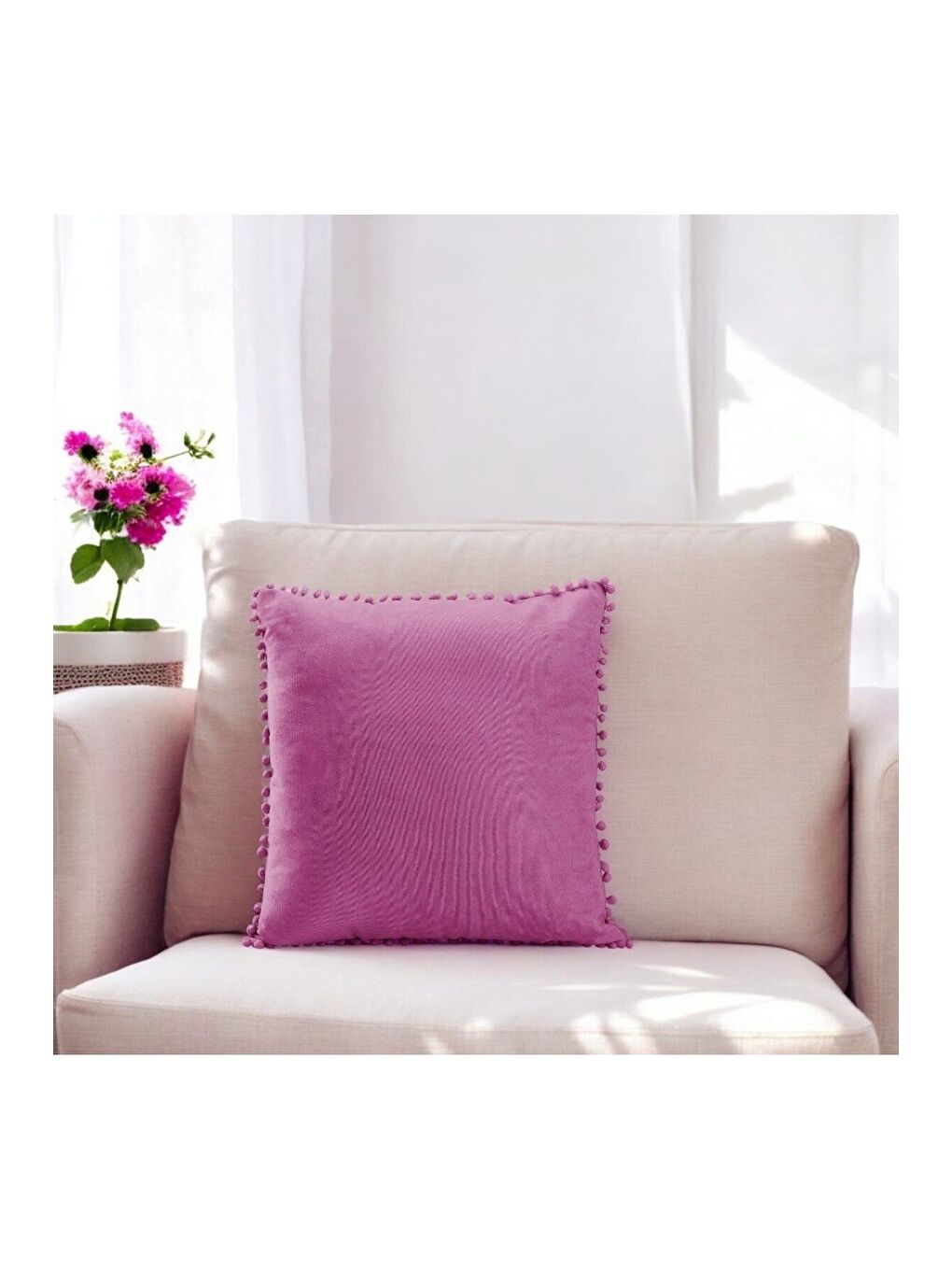 Renk Ve Ölçü Seçenekli Pembe Ponponlu Kırlent Kılıfı Dekoratif Düz Sade Punch Panoroma