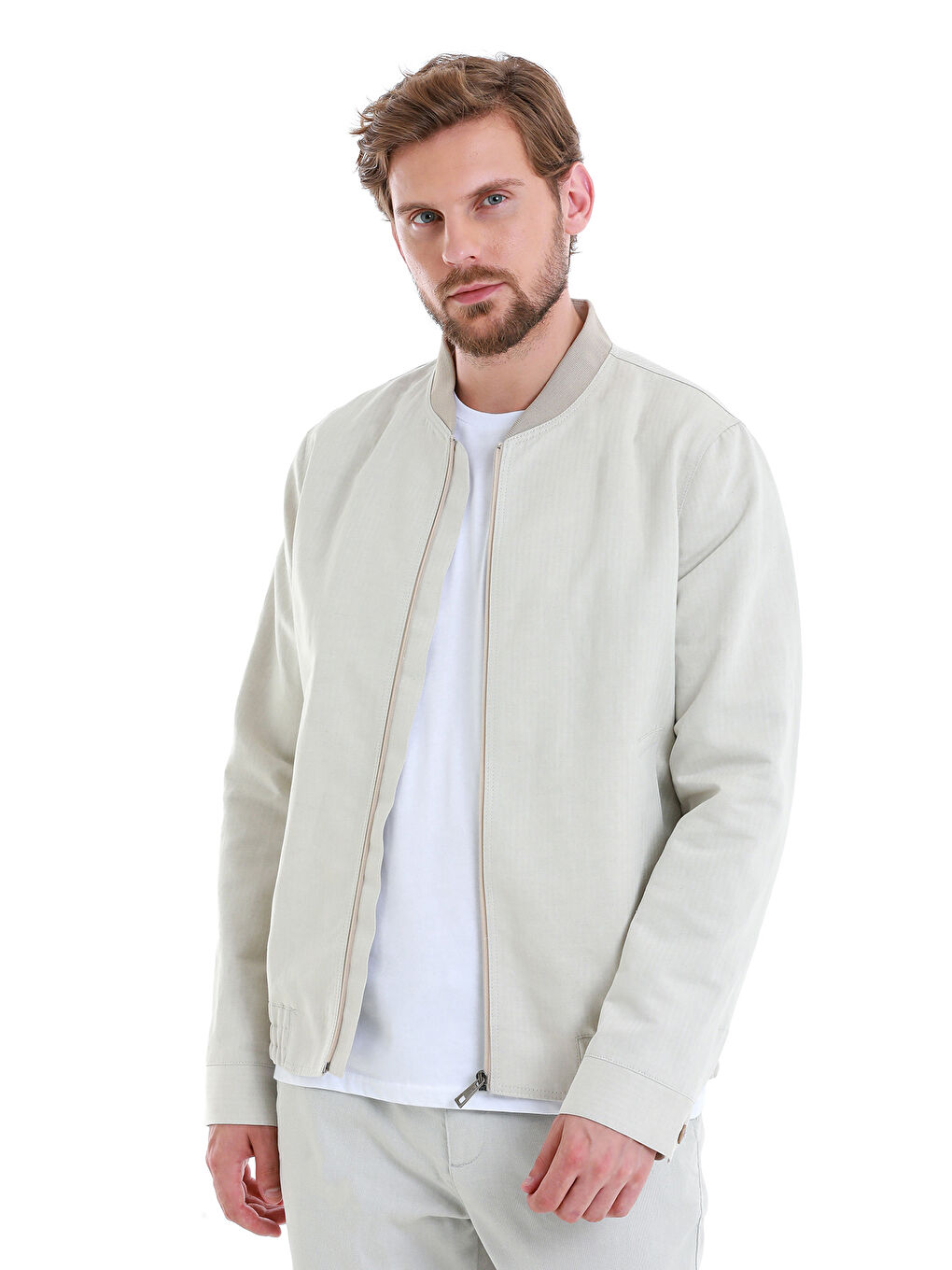 Bej Slim Fit Çizgili Dik Yaka Basic Mevsimlik Mont