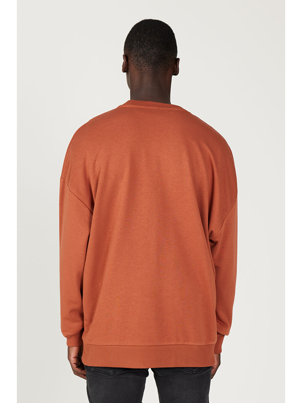 Kahverengi Erkek Açık Kahve Oversize Bol Kesim 3 İplik Bisiklet Yaka Pamuklu Sweatshirt-5