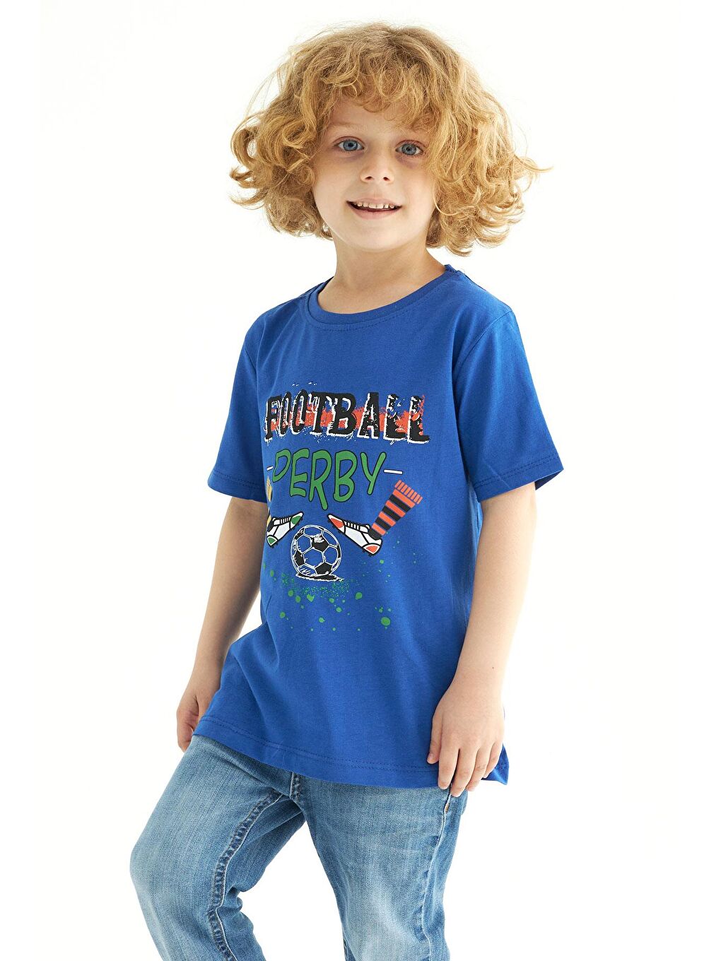 Mavi Bisiklet Yaka Kısa Kollu Futboll Baskılı Erkek Çocuk Tişört-2