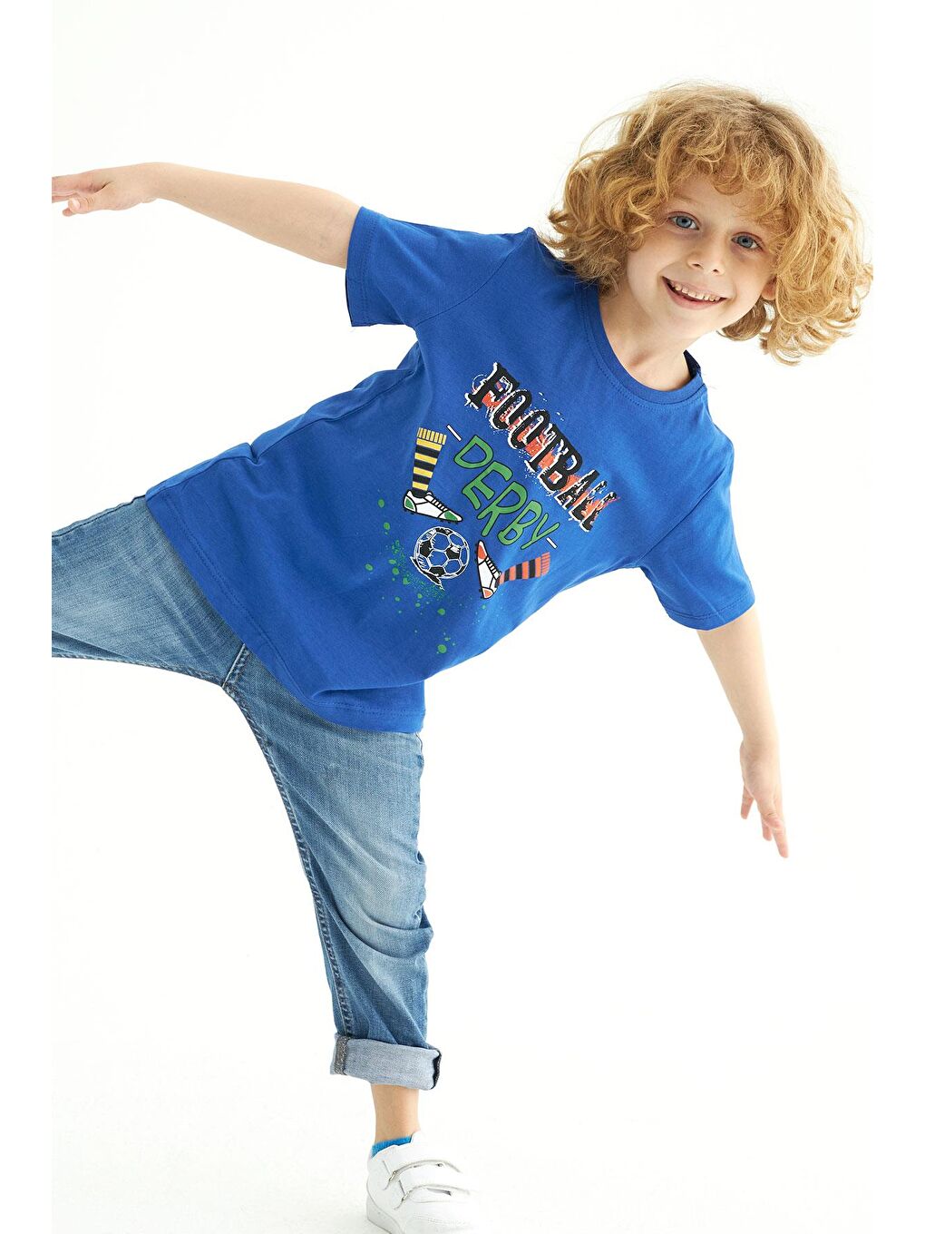 Mavi Bisiklet Yaka Kısa Kollu Futboll Baskılı Erkek Çocuk Tişört-3