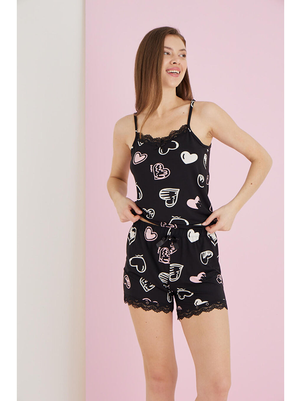 Siyah Bamboo İp Askılı Şortlu Takım 7055-13