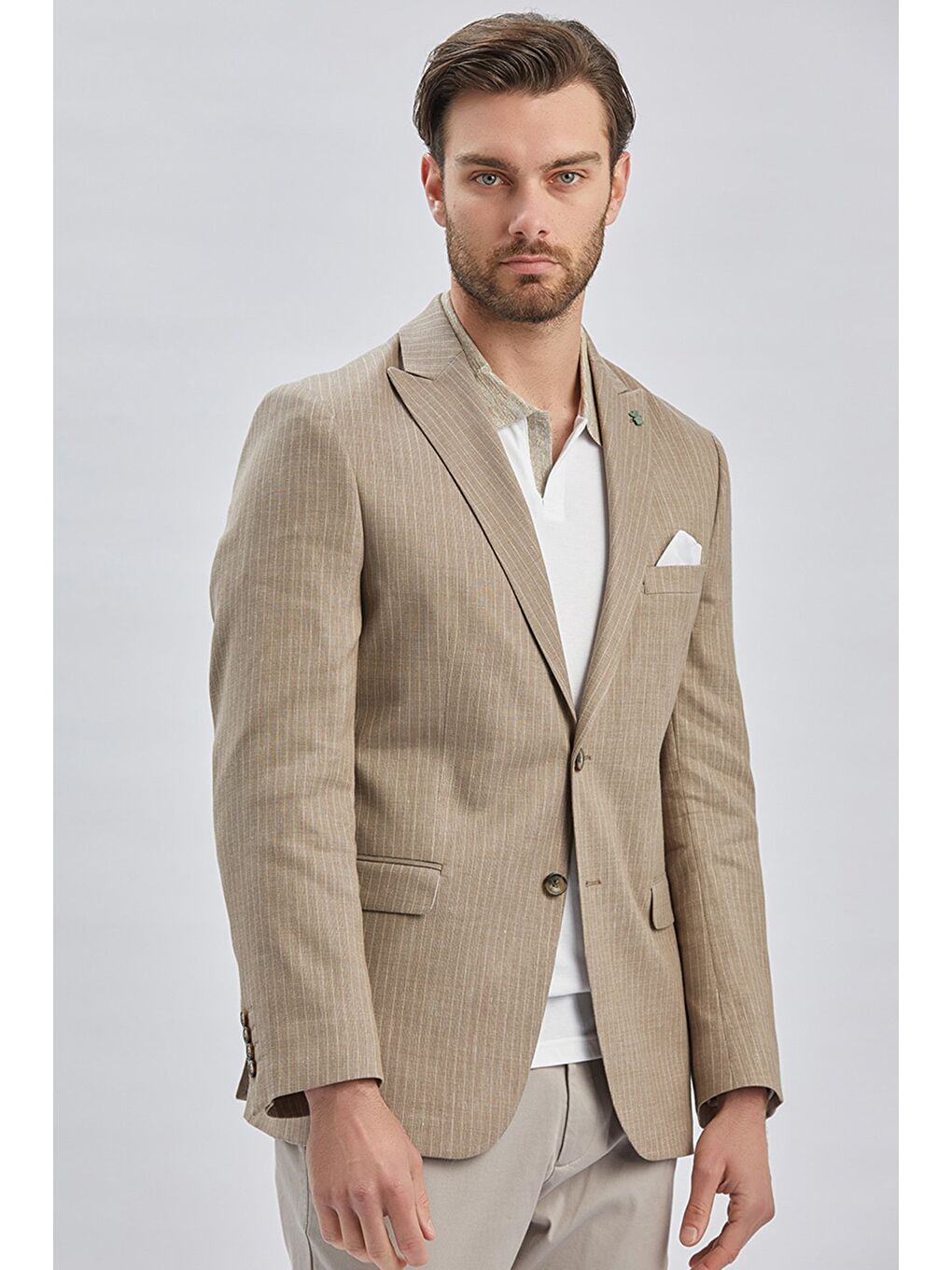 Koyu Bej Çizgili Kırlangıç Yaka Çift Yırtmaç 6 Drop Comfort Fit Rahat Kesim Klasik Ceket 1002240101