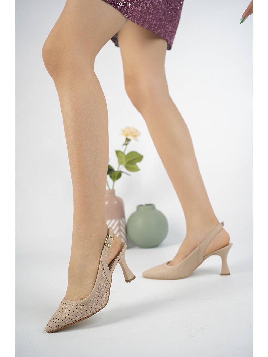 Bej Matiz  Kadın Arkası Açık Klasik Günlük Tarz Şık ve Rahat Topuklu Ayakkabı-3
