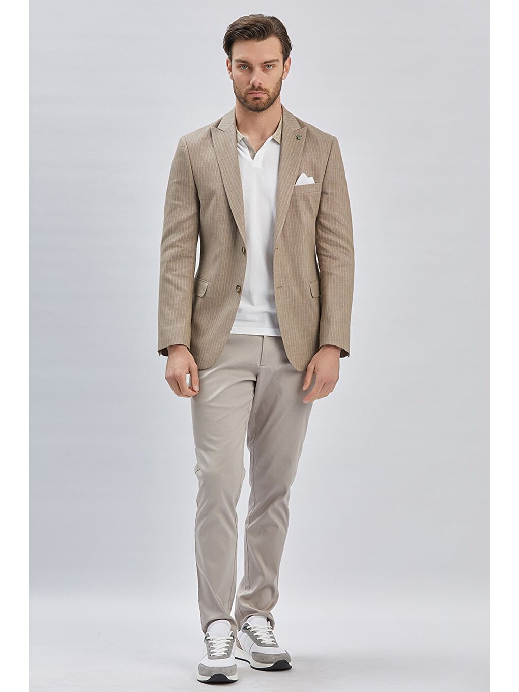 Koyu Bej Çizgili Kırlangıç Yaka Çift Yırtmaç 6 Drop Comfort Fit Rahat Kesim Klasik Ceket 1002240101-1