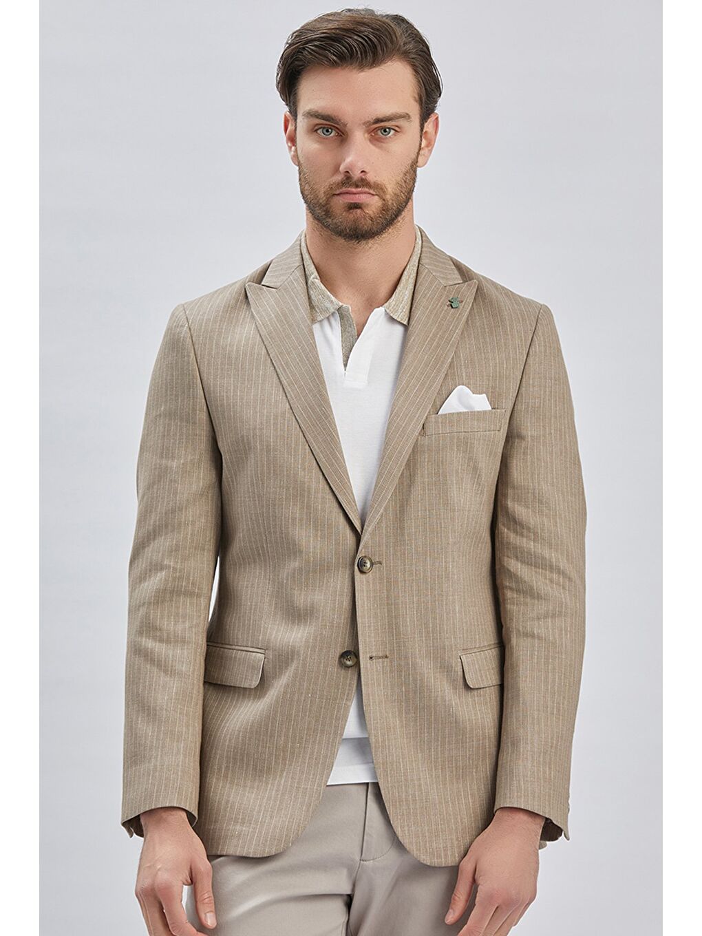 Koyu Bej Çizgili Kırlangıç Yaka Çift Yırtmaç 6 Drop Comfort Fit Rahat Kesim Klasik Ceket 1002240101-2