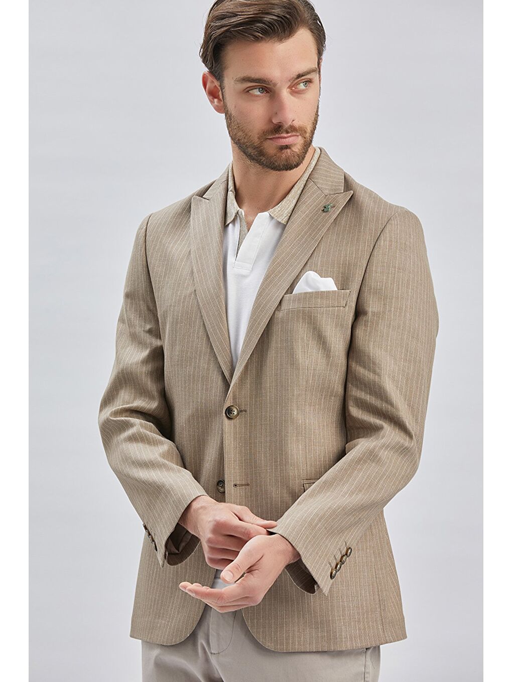 Koyu Bej Çizgili Kırlangıç Yaka Çift Yırtmaç 6 Drop Comfort Fit Rahat Kesim Klasik Ceket 1002240101-3