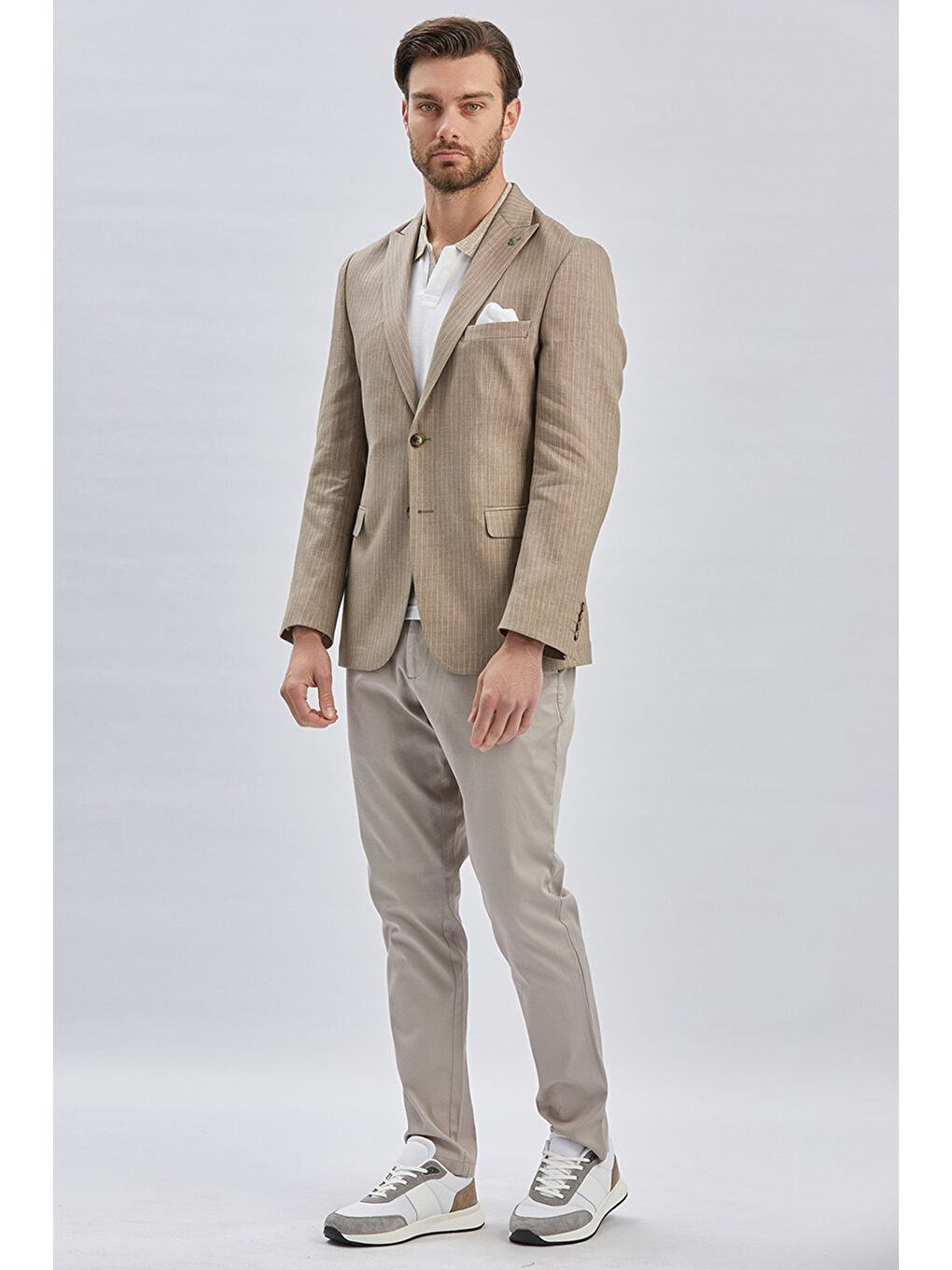 Koyu Bej Çizgili Kırlangıç Yaka Çift Yırtmaç 6 Drop Comfort Fit Rahat Kesim Klasik Ceket 1002240101-4