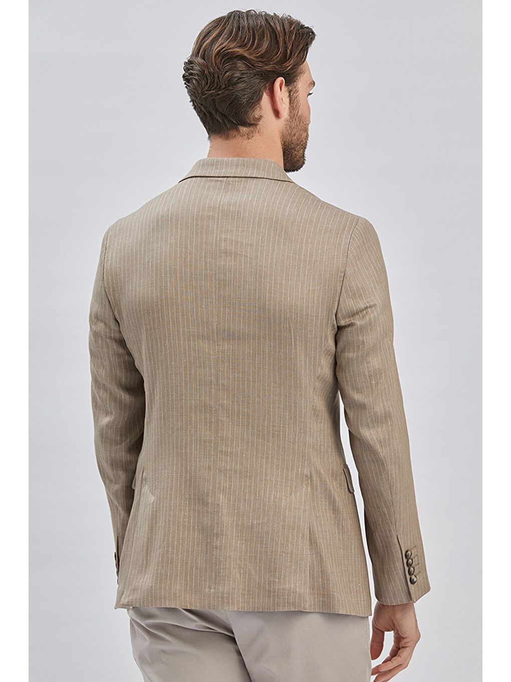 Koyu Bej Çizgili Kırlangıç Yaka Çift Yırtmaç 6 Drop Comfort Fit Rahat Kesim Klasik Ceket 1002240101-5