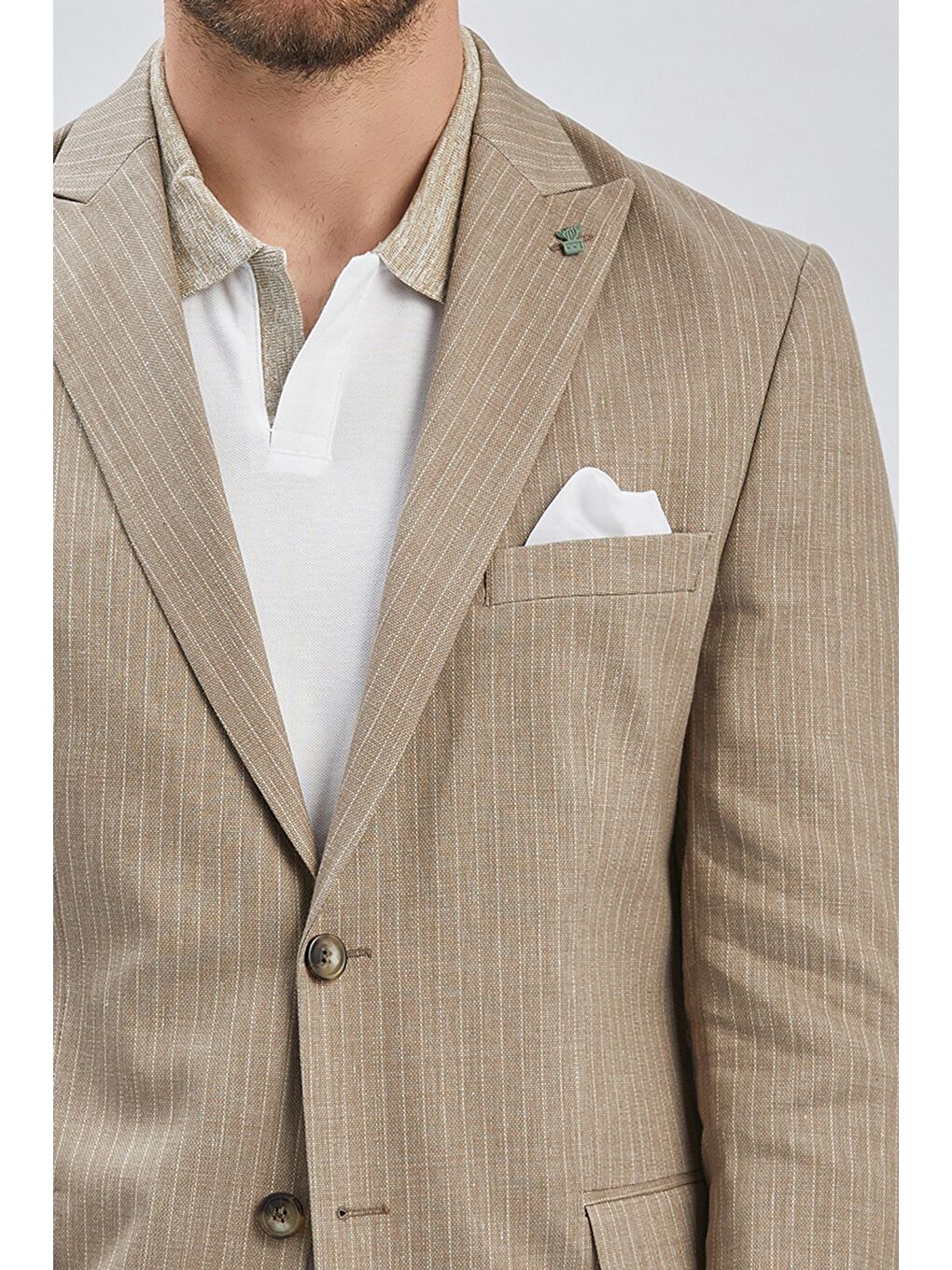 Koyu Bej Çizgili Kırlangıç Yaka Çift Yırtmaç 6 Drop Comfort Fit Rahat Kesim Klasik Ceket 1002240101-6