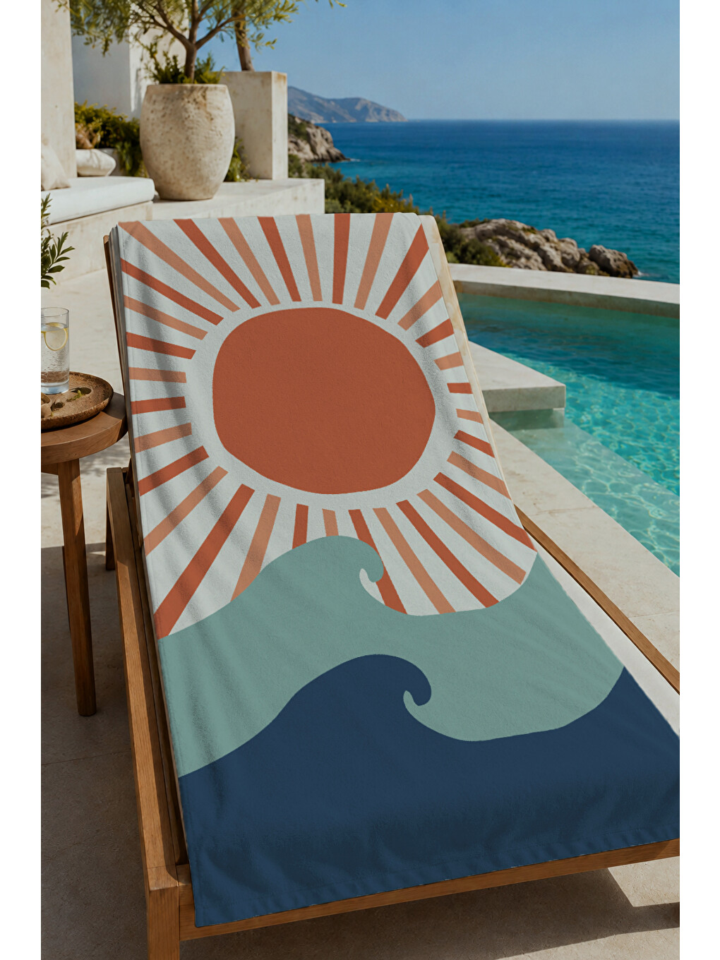 Retro Turuncu Lacivert Güneş Ve Dalga Desenli 70x150 Cm Dijital Baskılı Plaj Ve Banyo Havlusu