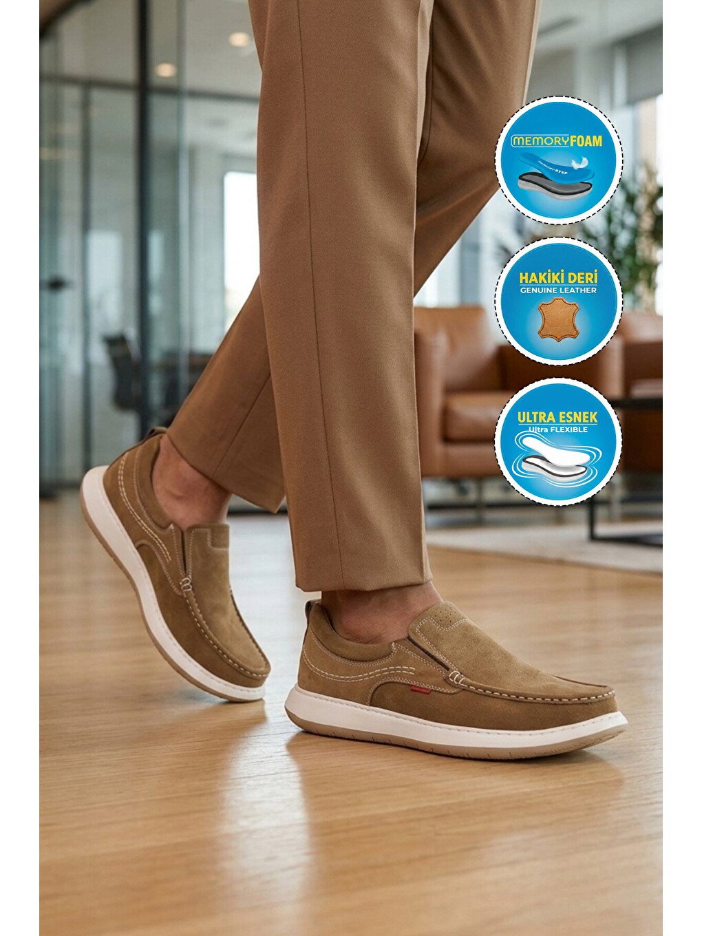 Ekru Erkek Kum Nubuk Hakiki Deri Kolay Giyilebilir Hafızalı Rahat Taban Casual Ayakkabı Loafer 6501 M-2