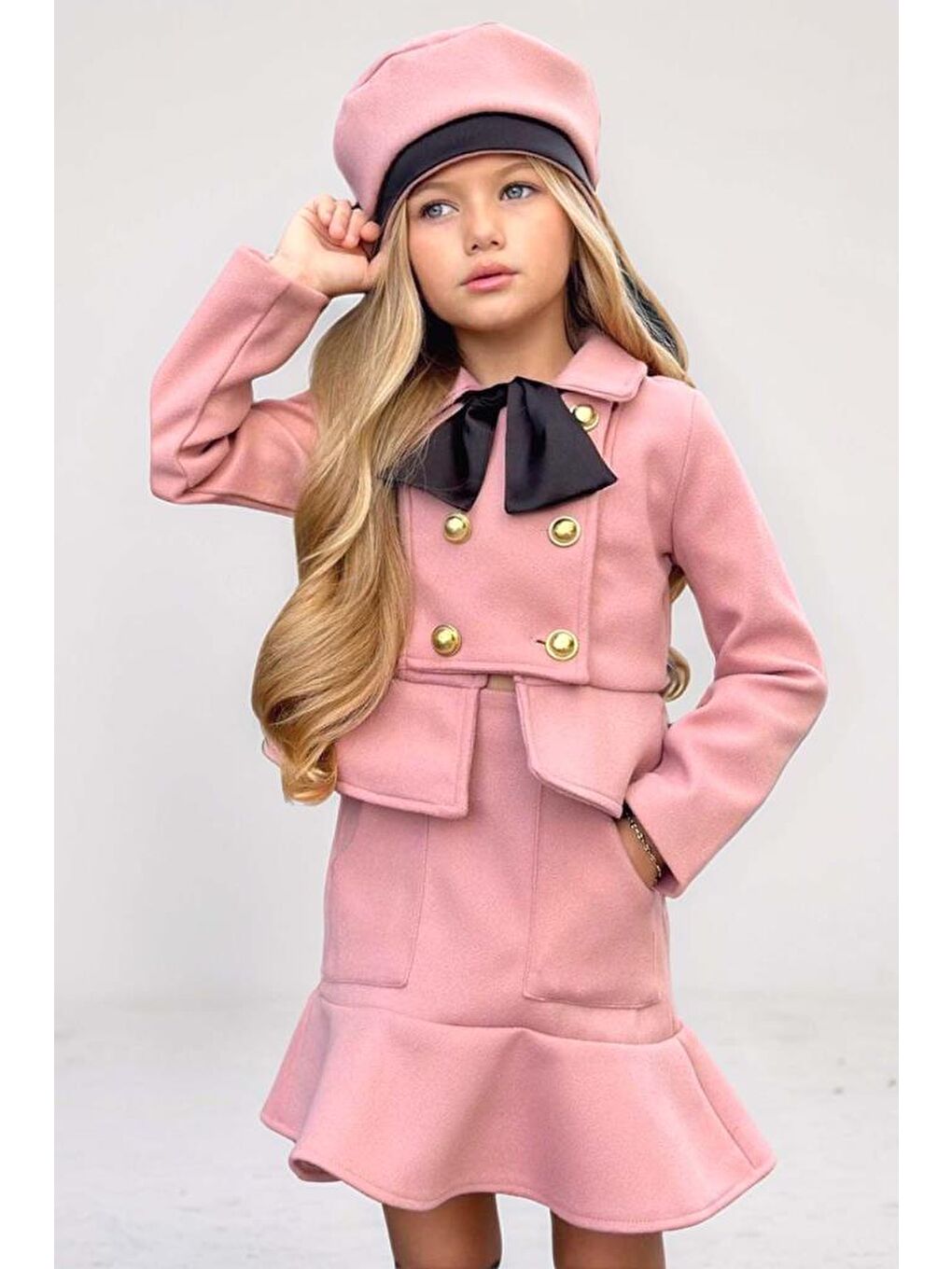 Pembe Kız Çocuk Asimetrik Kesim ve Düğme Detaylı Ceket Eteği Fırfır Detaylı Pudra Kaşe Etekli Takım-1