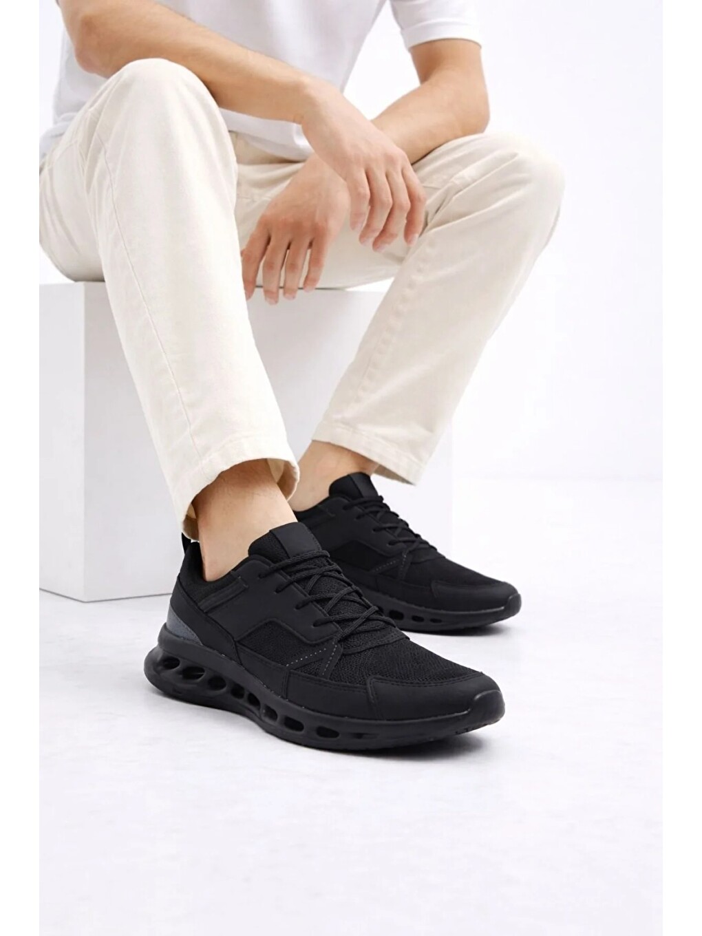 Siyah Erkek Beyaz Street Style Sneaker Hafif Esnek Taban Günlük Kullanım Spor Yürüyüş Ayakkabısı-4