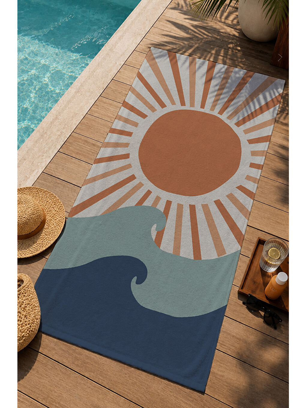 Retro Turuncu Lacivert Güneş Ve Dalga Desenli 70x150 Cm Dijital Baskılı Plaj Ve Banyo Havlusu-2