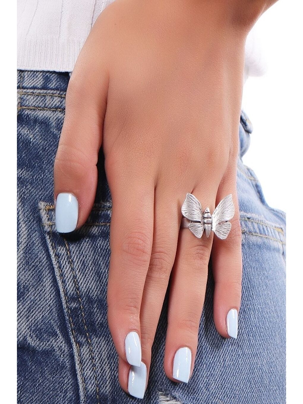 Gri Kadın Antik Gümüş Kaplama Ayarlanabilir Kelebek Yüzük-2