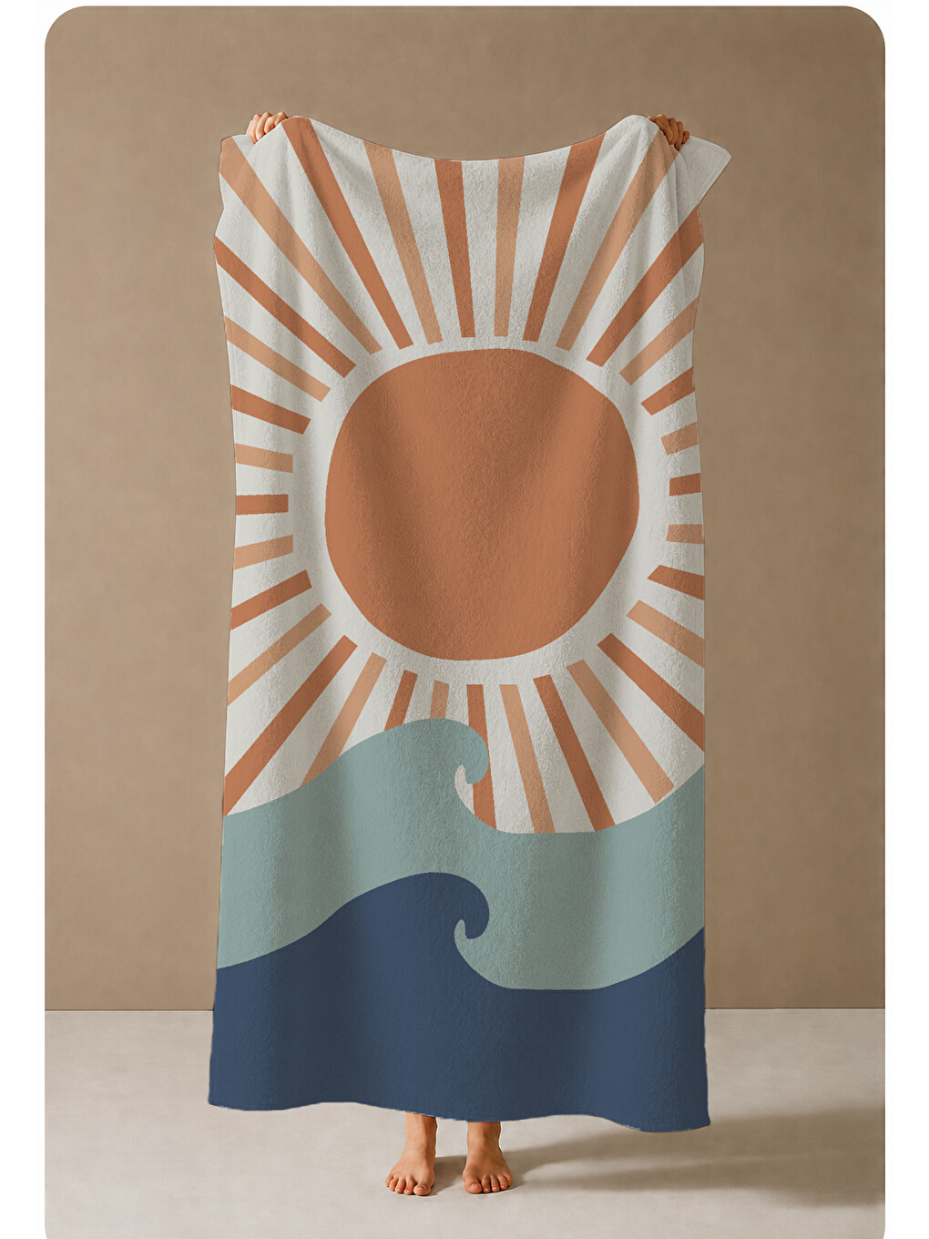 Retro Turuncu Lacivert Güneş Ve Dalga Desenli 70x150 Cm Dijital Baskılı Plaj Ve Banyo Havlusu-3