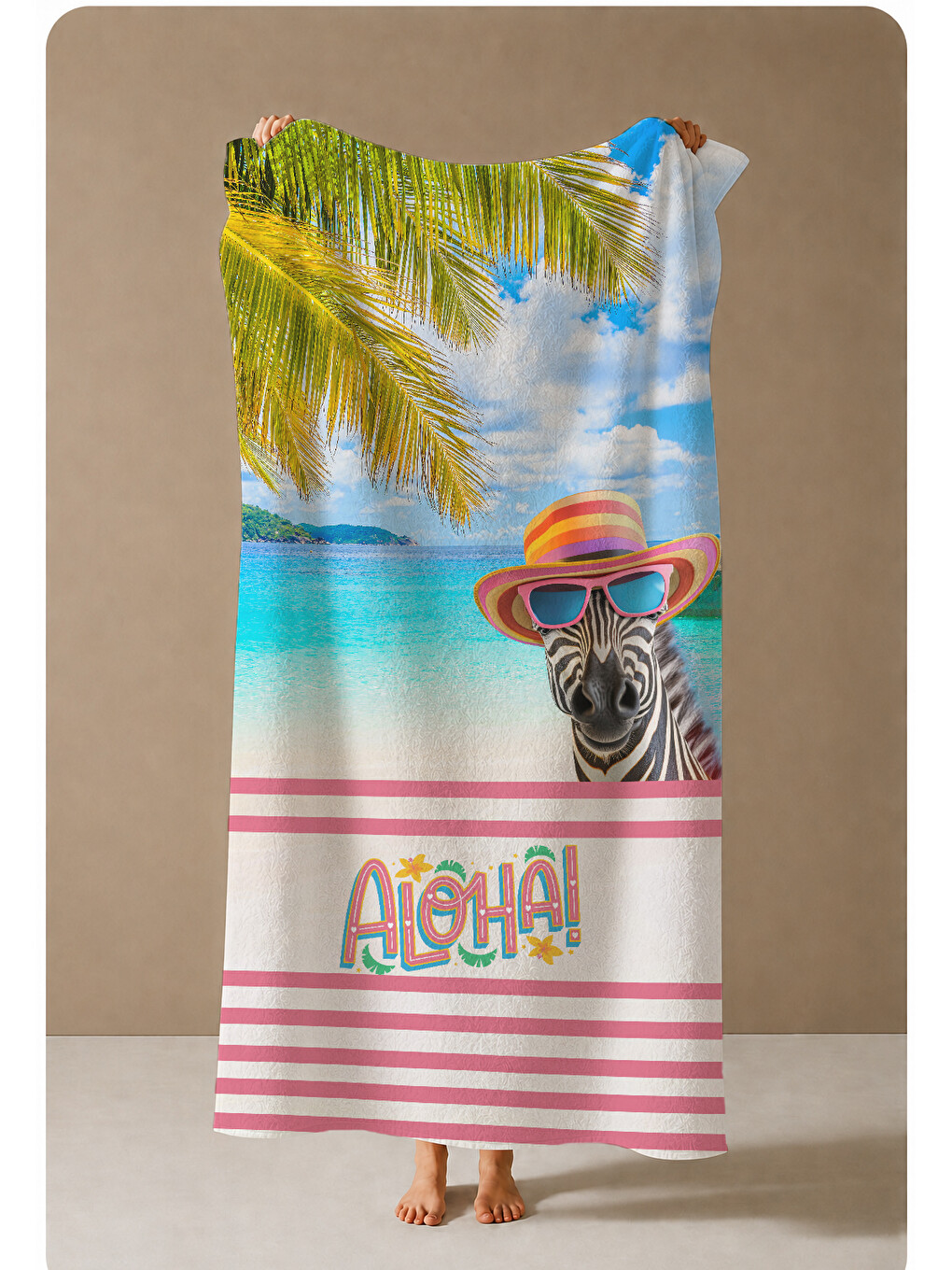 Mavi Tropikal Sahil Palmiye Bisiklet Aloha Desenli 70x150 Cm Dijital Baskılı Plaj Ve Banyo Havlusu-3