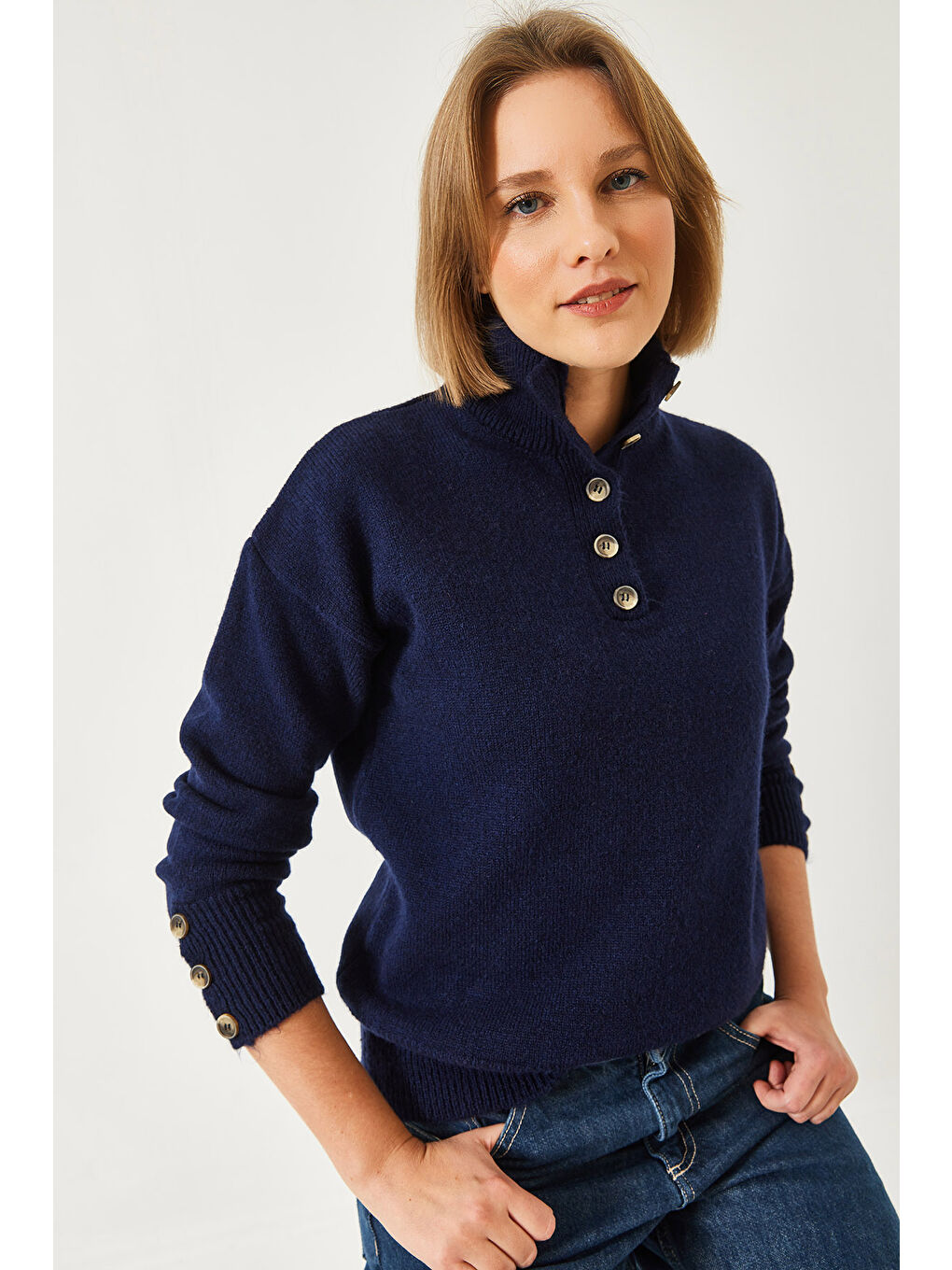 Lacivert Kadın Kolu Patlı Triko Kazak-2