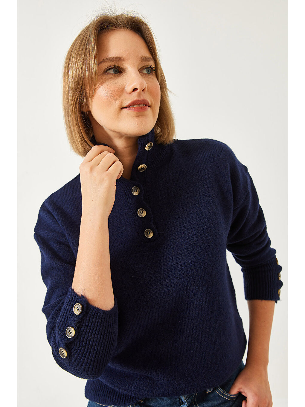 Lacivert Kadın Kolu Patlı Triko Kazak-3