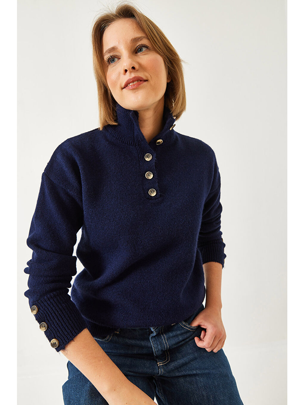 Lacivert Kadın Kolu Patlı Triko Kazak-4