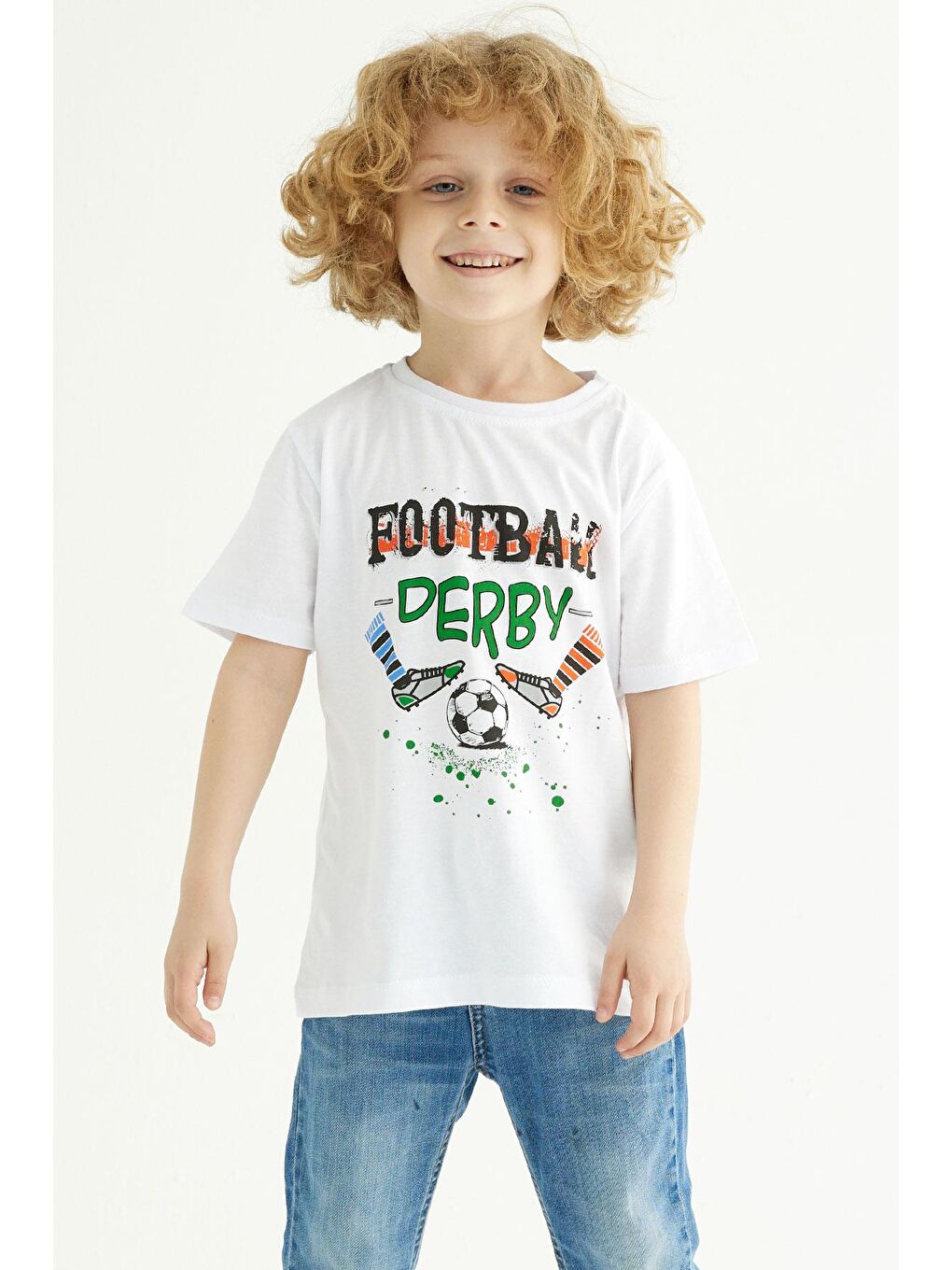 Beyaz Bisiklet Yaka Kısa Kollu Futboll Baskılı Erkek Çocuk Tişört
