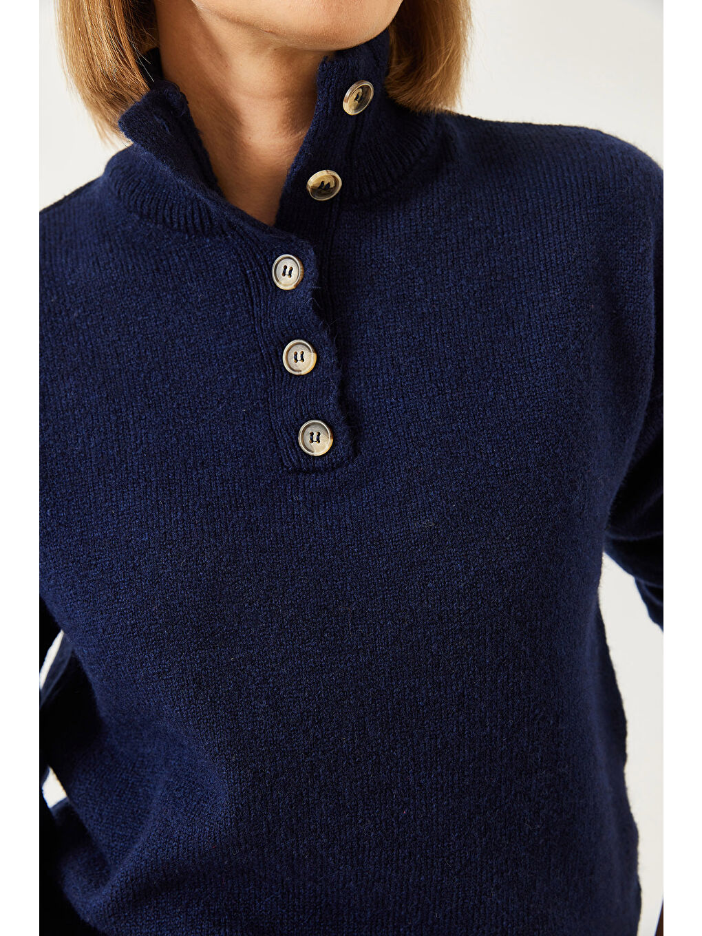 Lacivert Kadın Kolu Patlı Triko Kazak-5