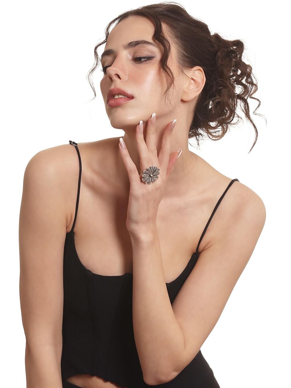 Gri Kadın Antik Gümüş Kaplama Ayarlanabilir Çiçek Formlu Yüzük