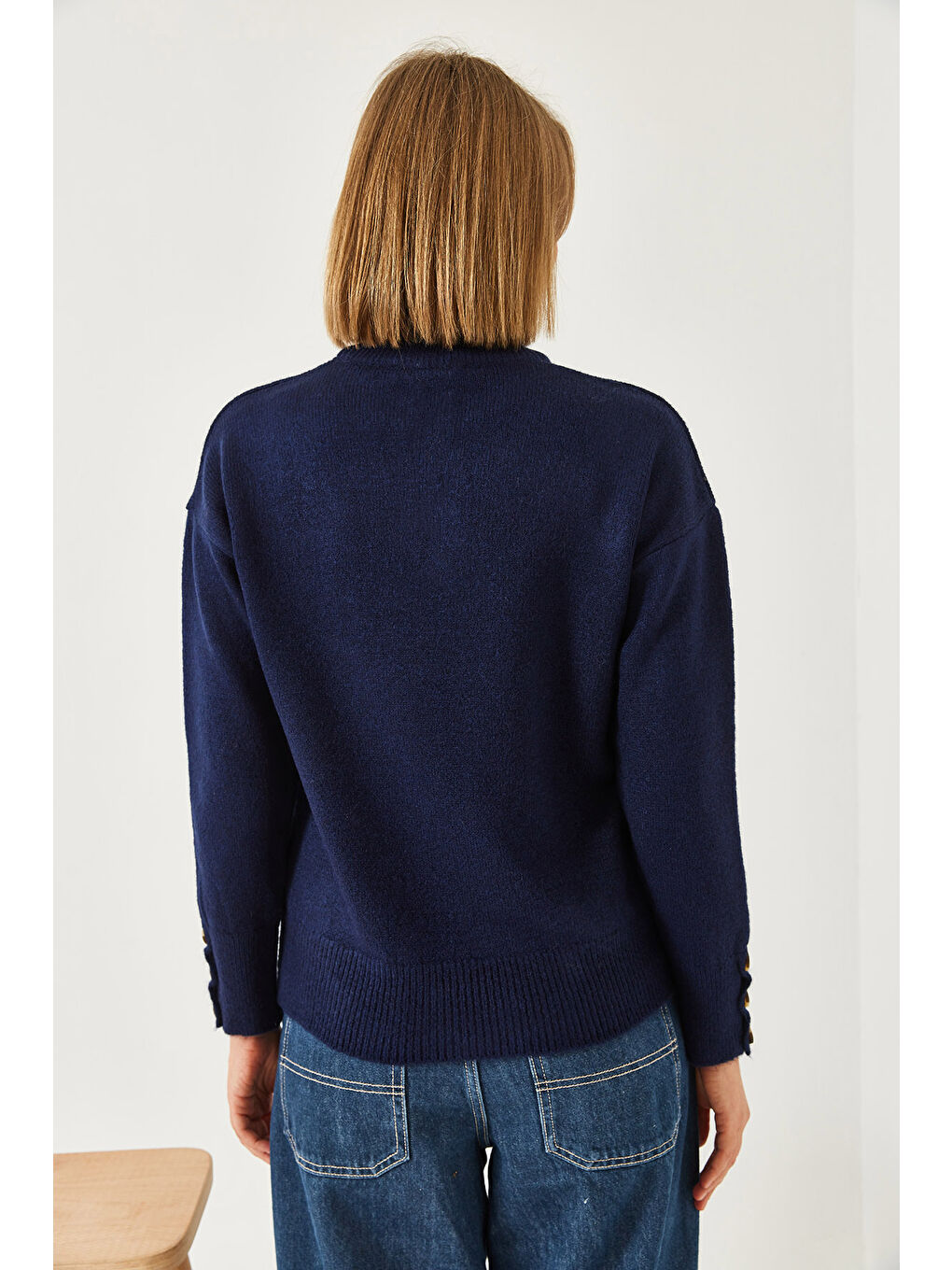 Lacivert Kadın Kolu Patlı Triko Kazak-6