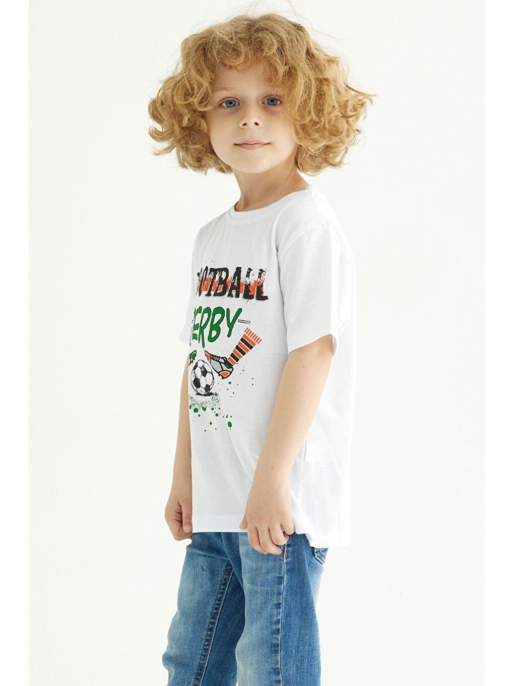 Beyaz Bisiklet Yaka Kısa Kollu Futboll Baskılı Erkek Çocuk Tişört-1