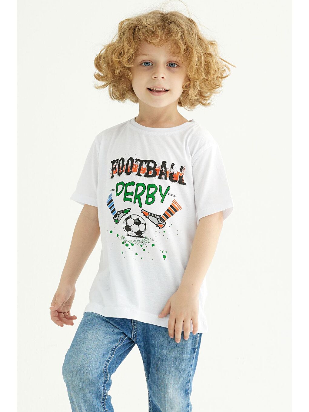 Beyaz Bisiklet Yaka Kısa Kollu Futboll Baskılı Erkek Çocuk Tişört-2