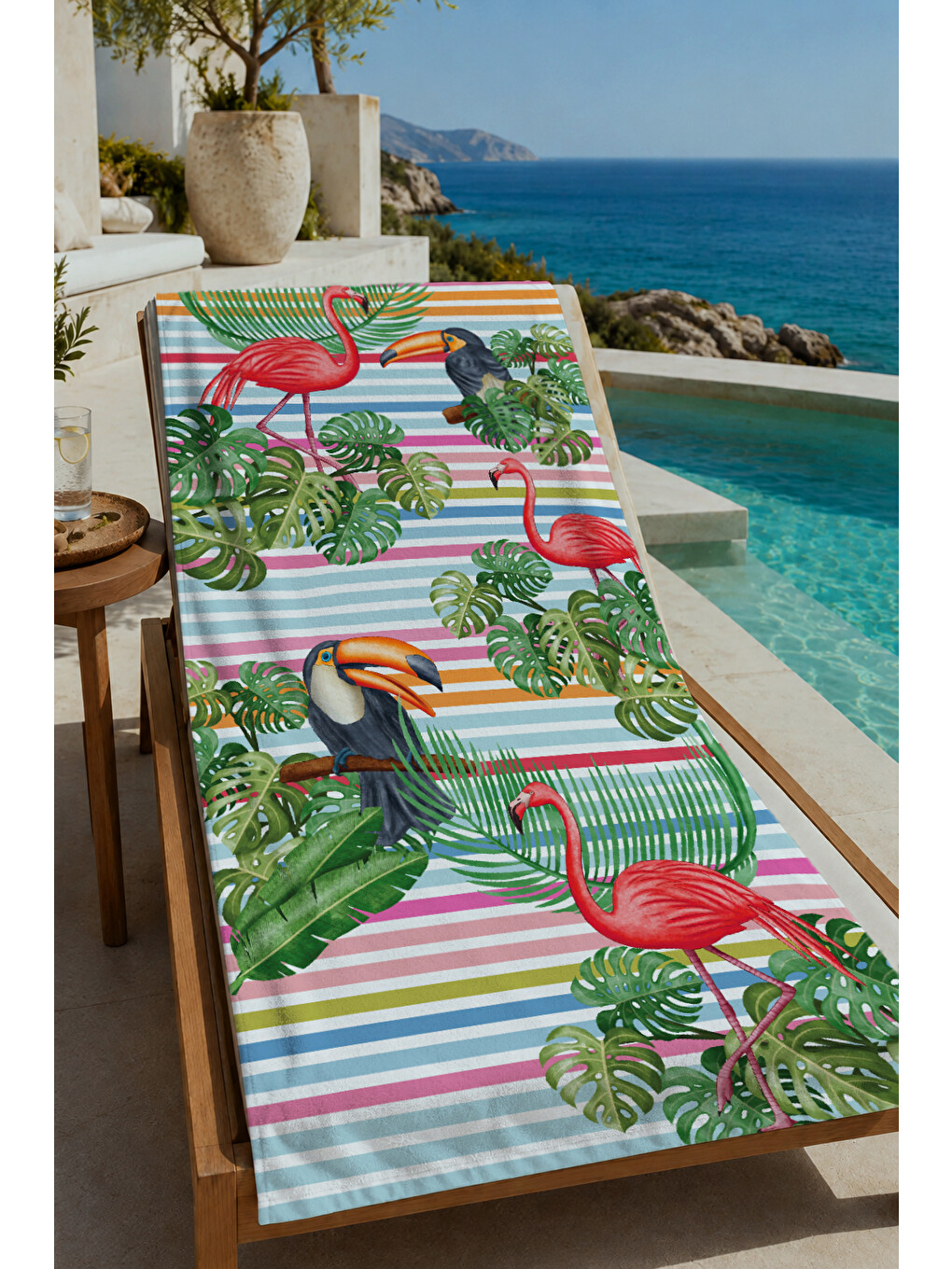 Mavi Çizgili Tropikal Flamingo Tukan Ve Yaprak Desenli 70x150 Cm Dijital Baskılı Plaj Ve Banyo Havlusu