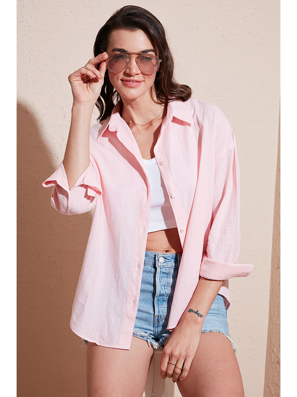 Pembe Pamuklu Regular Fit Uzun Kollu Düz Gömlek Cf25S168305