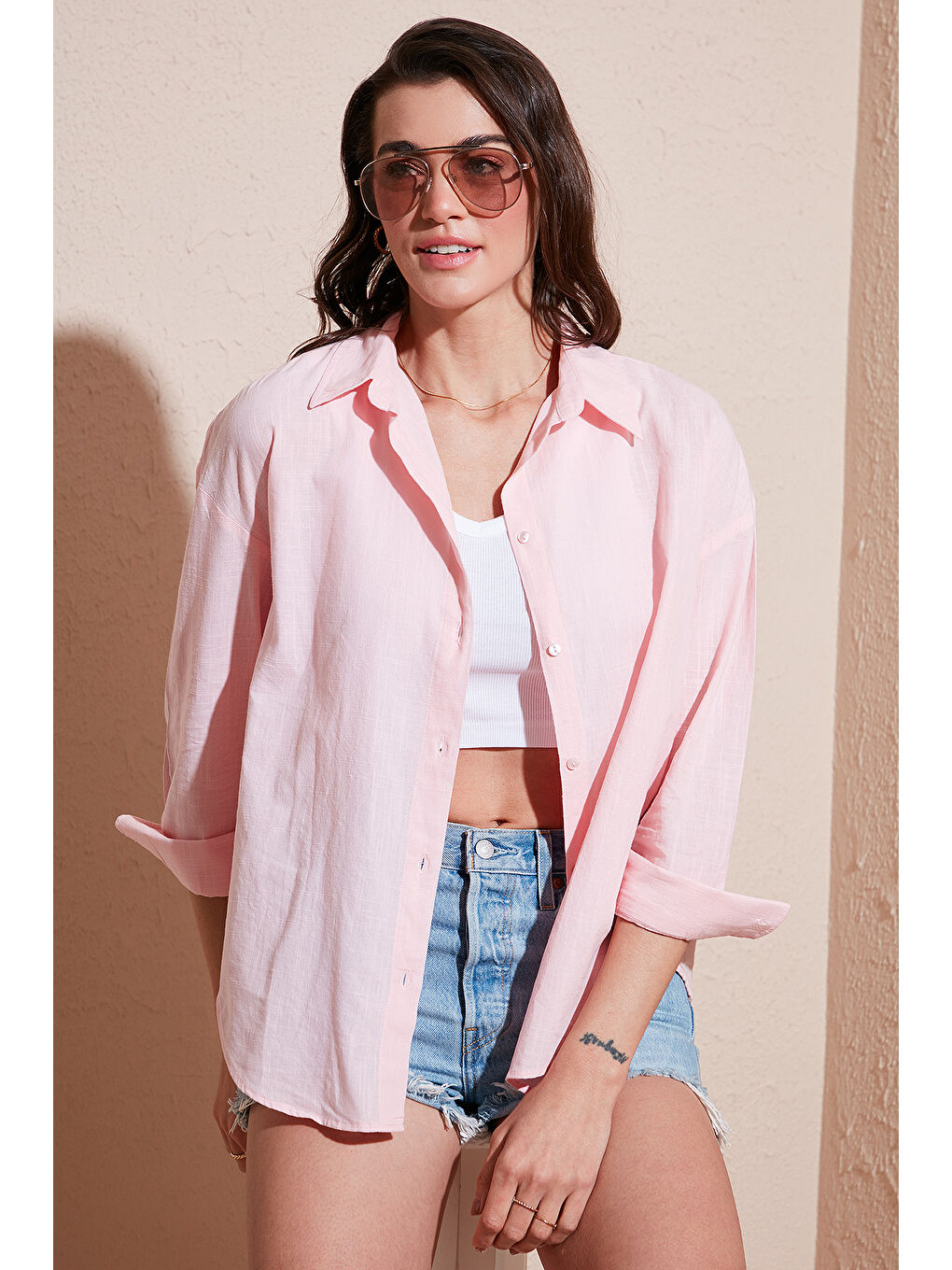 Pembe Pamuklu Regular Fit Uzun Kollu Düz Gömlek Cf25S168305-2