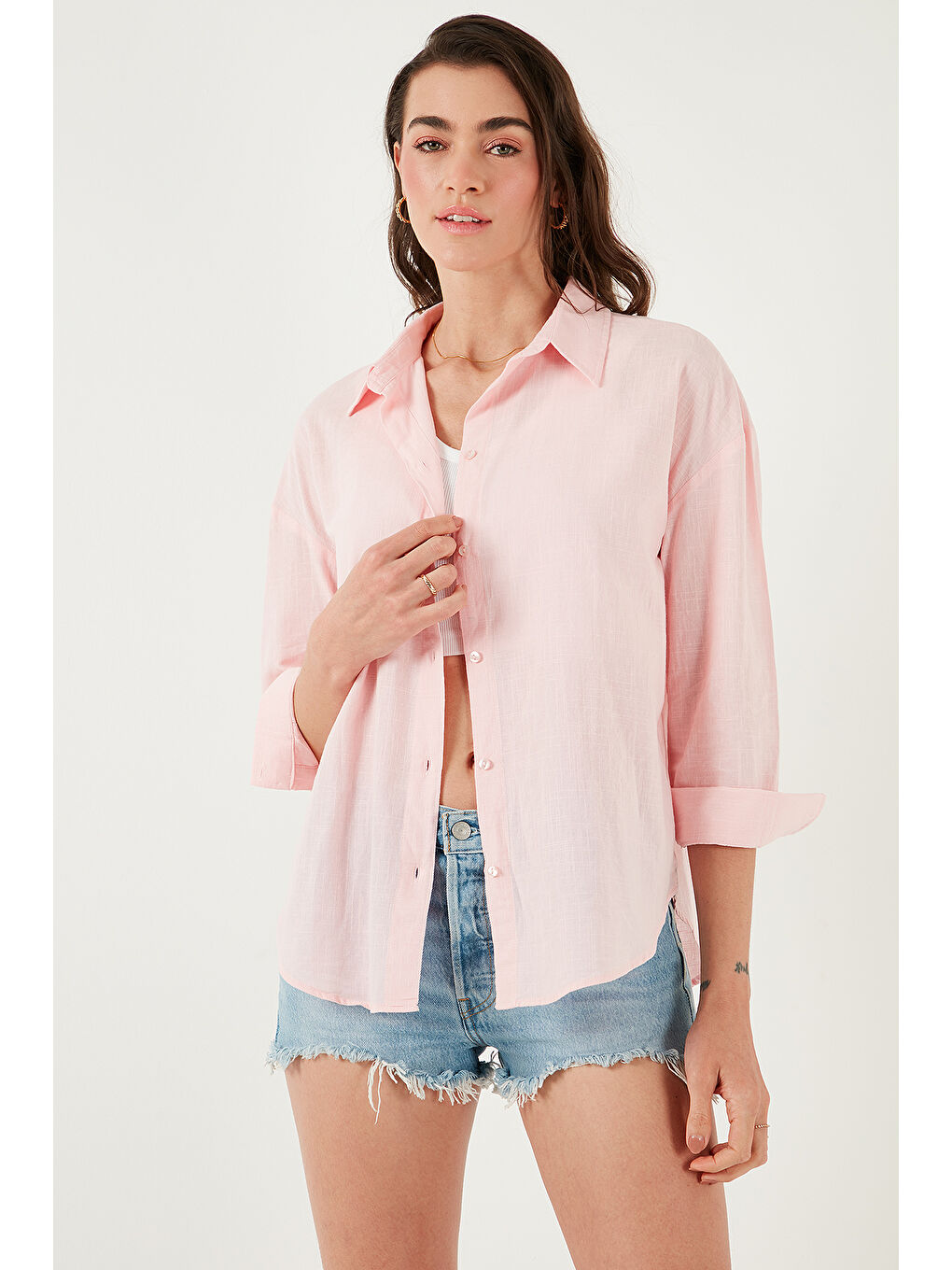 Pembe Pamuklu Regular Fit Uzun Kollu Düz Gömlek Cf25S168305-4