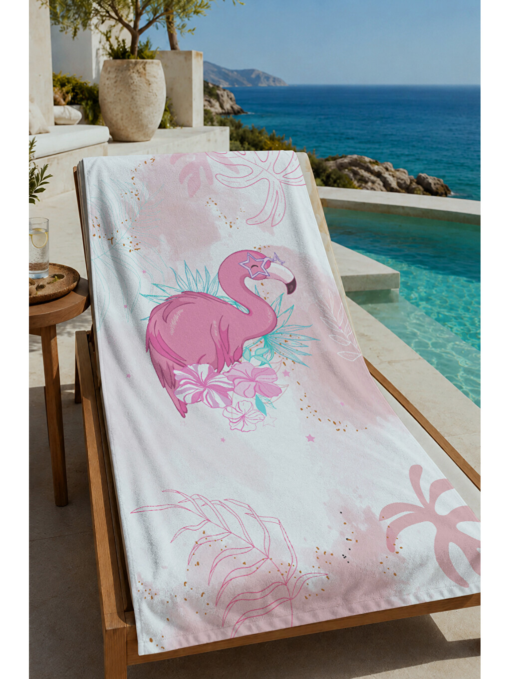 Pembe Flamingo Ve Pastel Tropikal Yaprak Desenli 70x150 Cm Dijital Baskılı Plaj Ve Banyo Havlusu