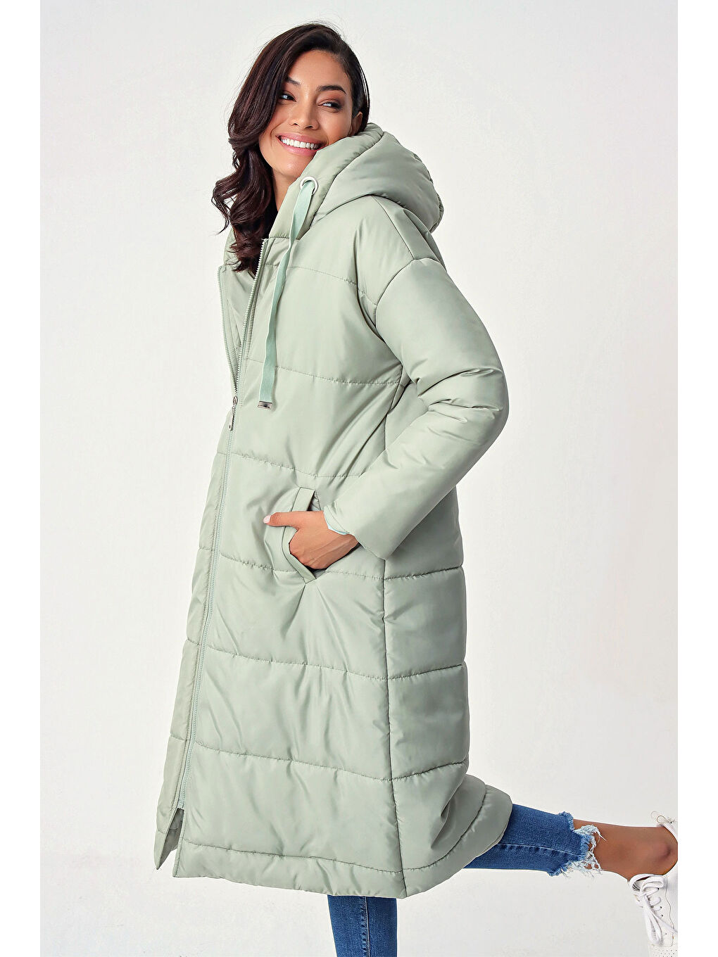 Yeşil 5120 Kapüşonlu Uzun Şişme Mont   Mint-2