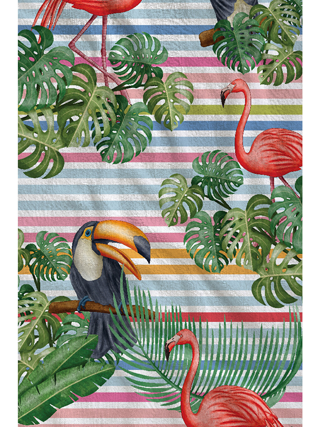 Mavi Çizgili Tropikal Flamingo Tukan Ve Yaprak Desenli 70x150 Cm Dijital Baskılı Plaj Ve Banyo Havlusu-1