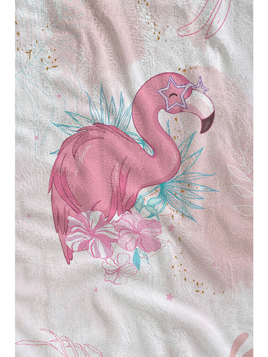 Pembe Flamingo Ve Pastel Tropikal Yaprak Desenli 70x150 Cm Dijital Baskılı Plaj Ve Banyo Havlusu-1
