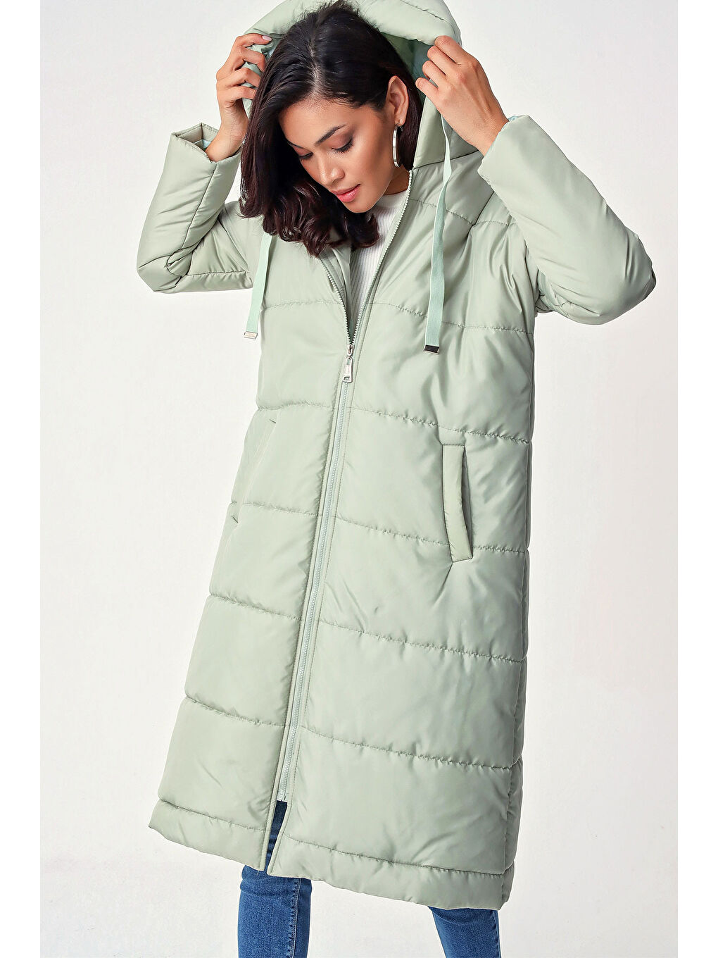 Yeşil 5120 Kapüşonlu Uzun Şişme Mont   Mint-3