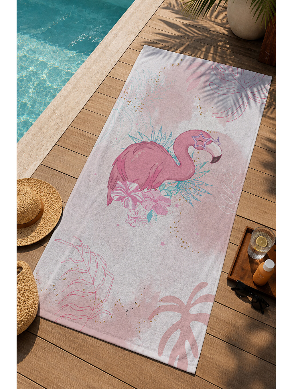 Pembe Flamingo Ve Pastel Tropikal Yaprak Desenli 70x150 Cm Dijital Baskılı Plaj Ve Banyo Havlusu-2