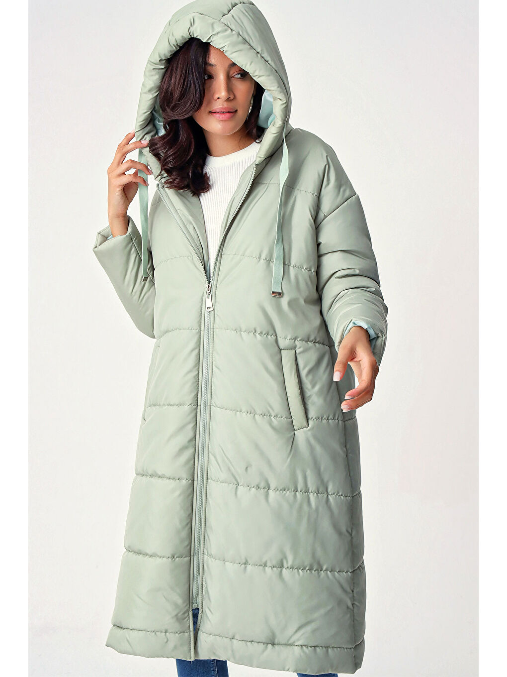 Yeşil 5120 Kapüşonlu Uzun Şişme Mont   Mint-4