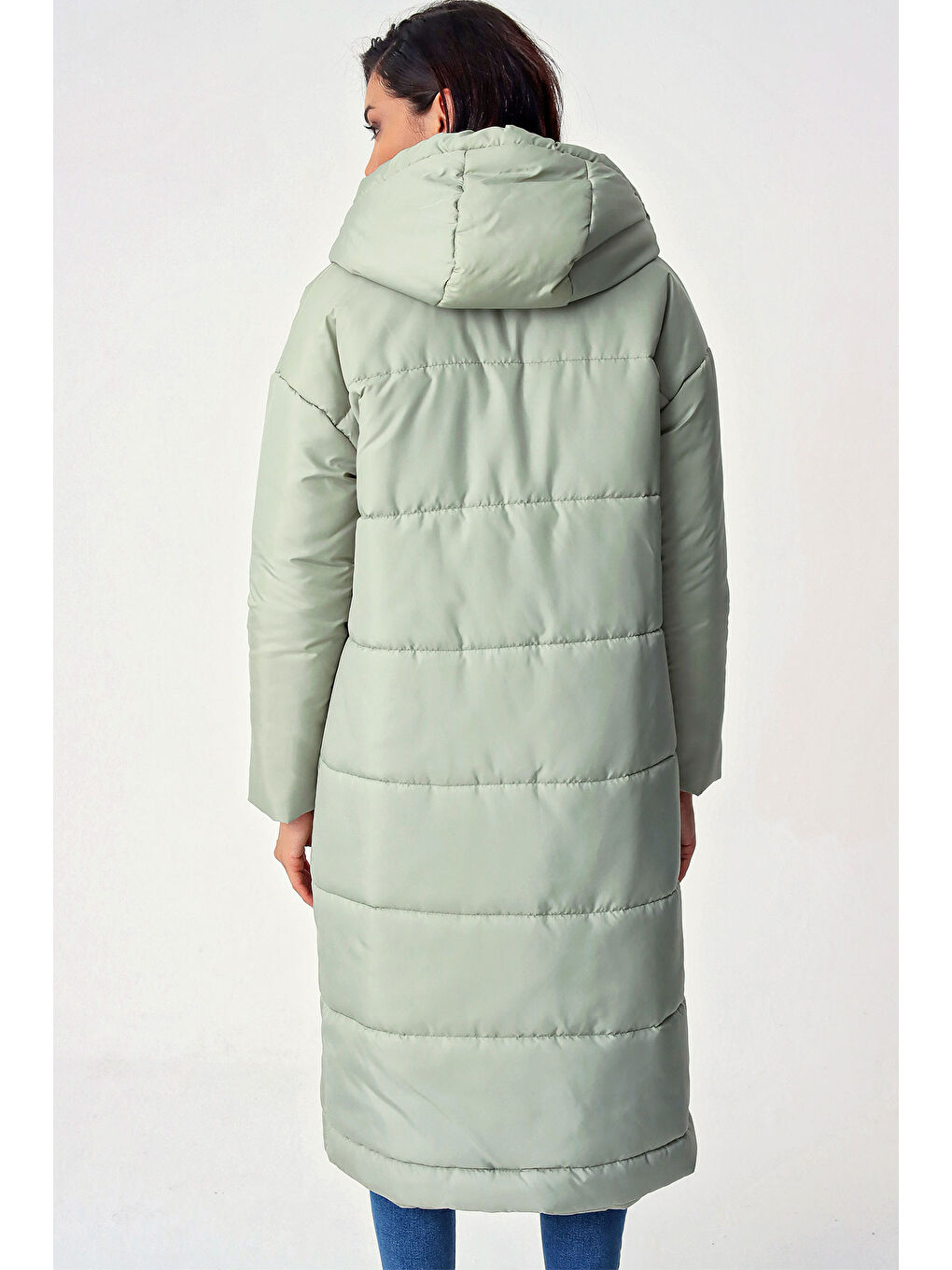 Yeşil 5120 Kapüşonlu Uzun Şişme Mont   Mint-5